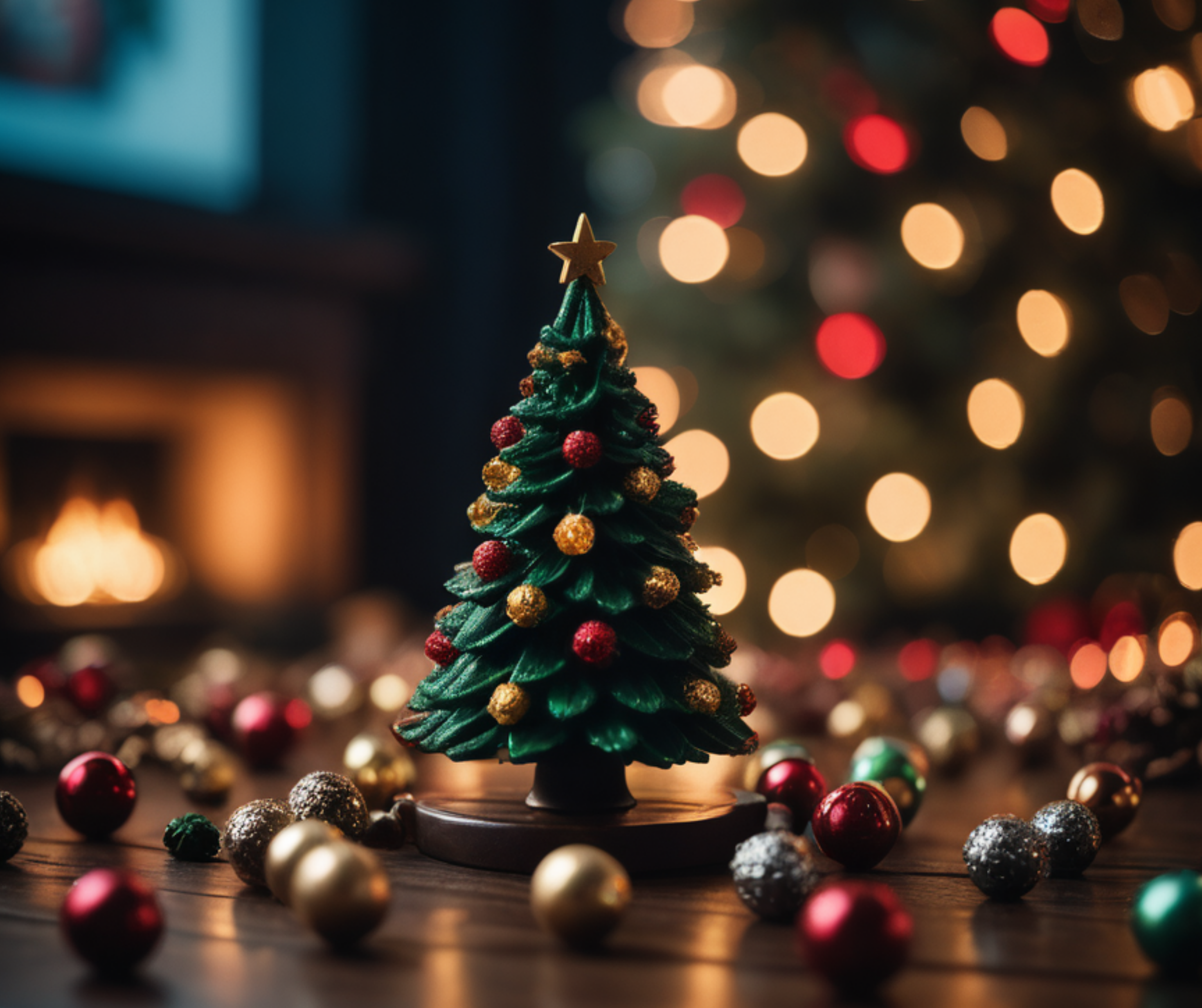 A miniature Christmas tree decorated with colorful ornaments, set against a cozy, warmly lit background