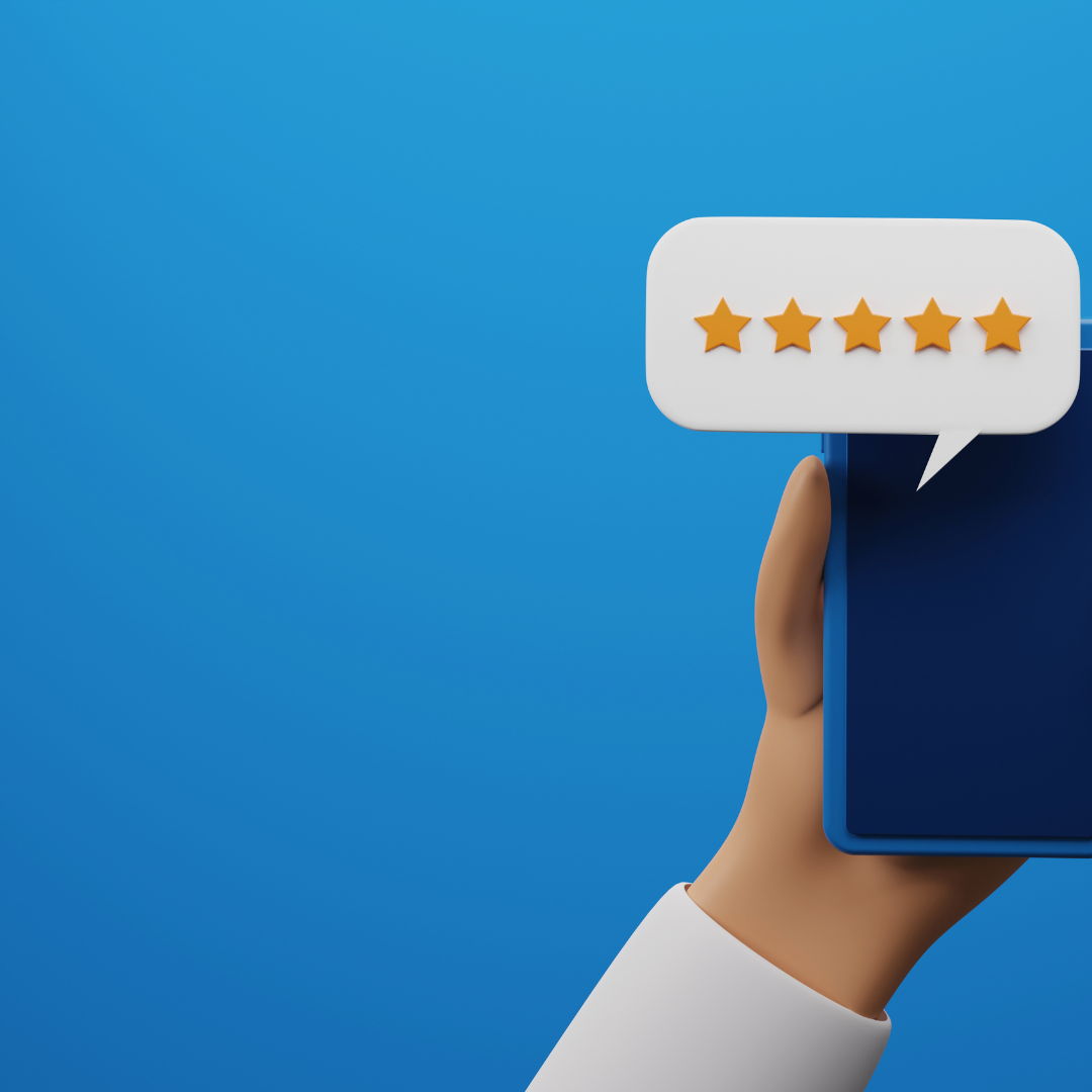  Features a 5-star rating in a speech bubble, representing positive customer feedback and reviews.