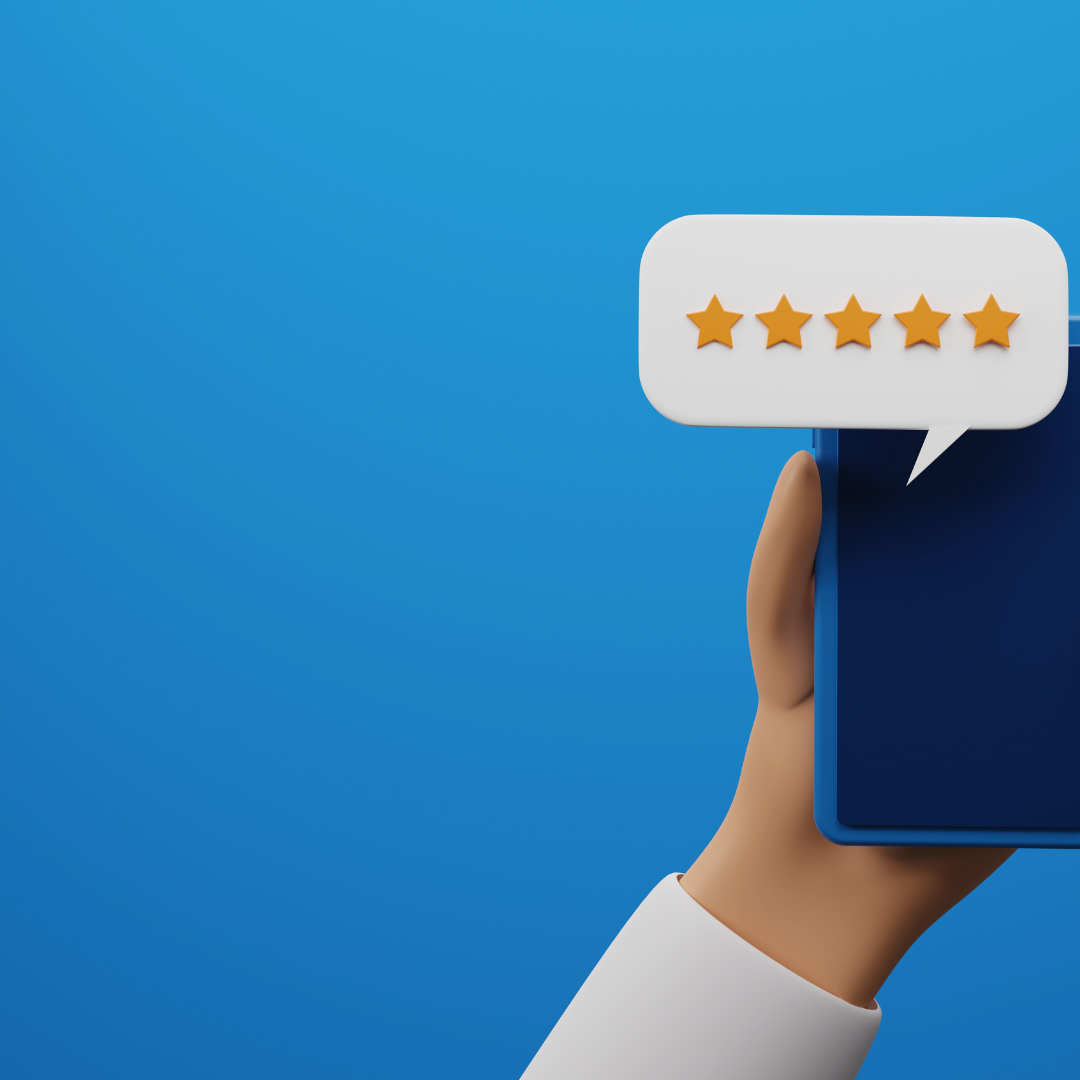 Features a 5-star rating in a speech bubble, representing positive customer feedback and reviews.