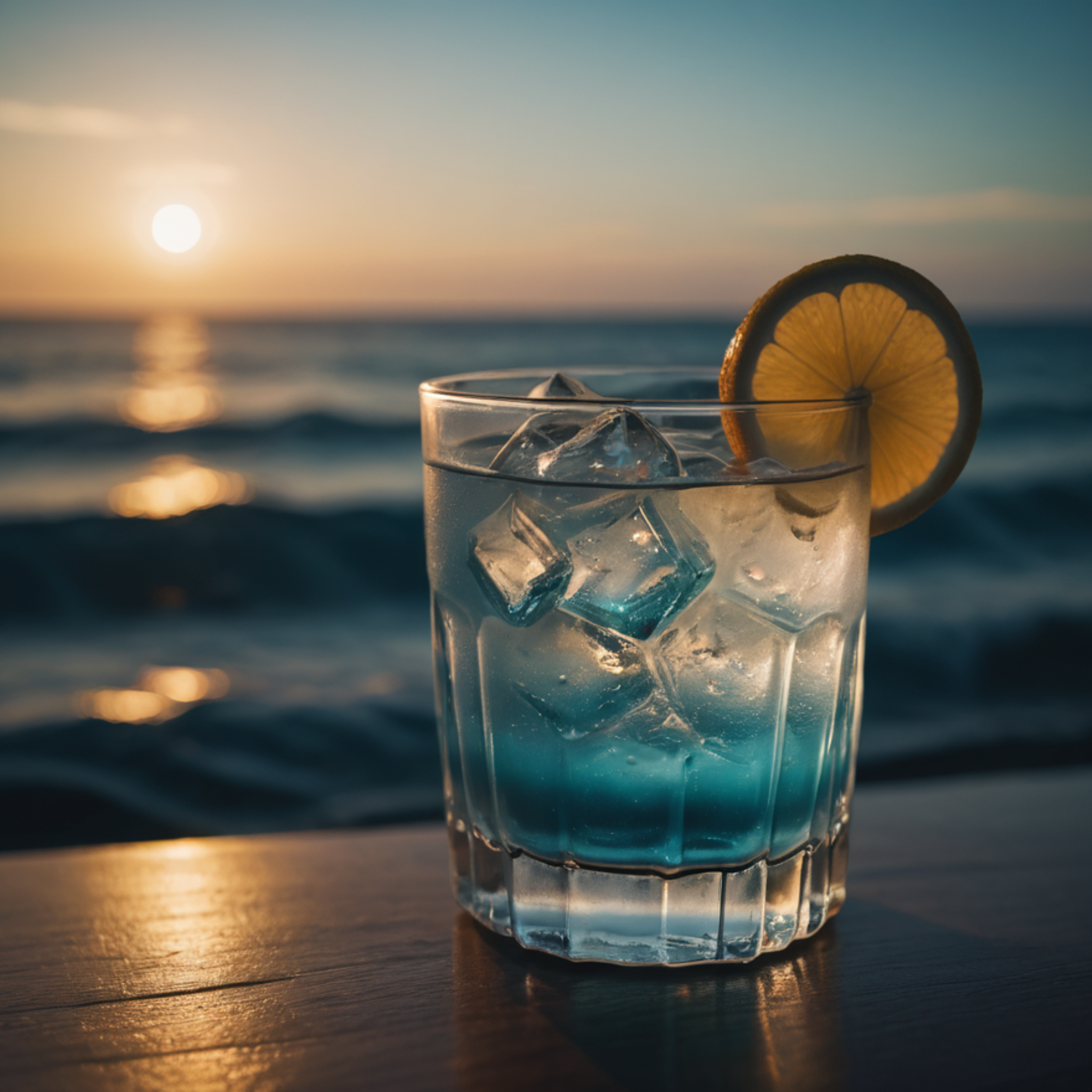 Blue cocktail with ice cubes and a lemon slice, with the beach and sunset in the background.