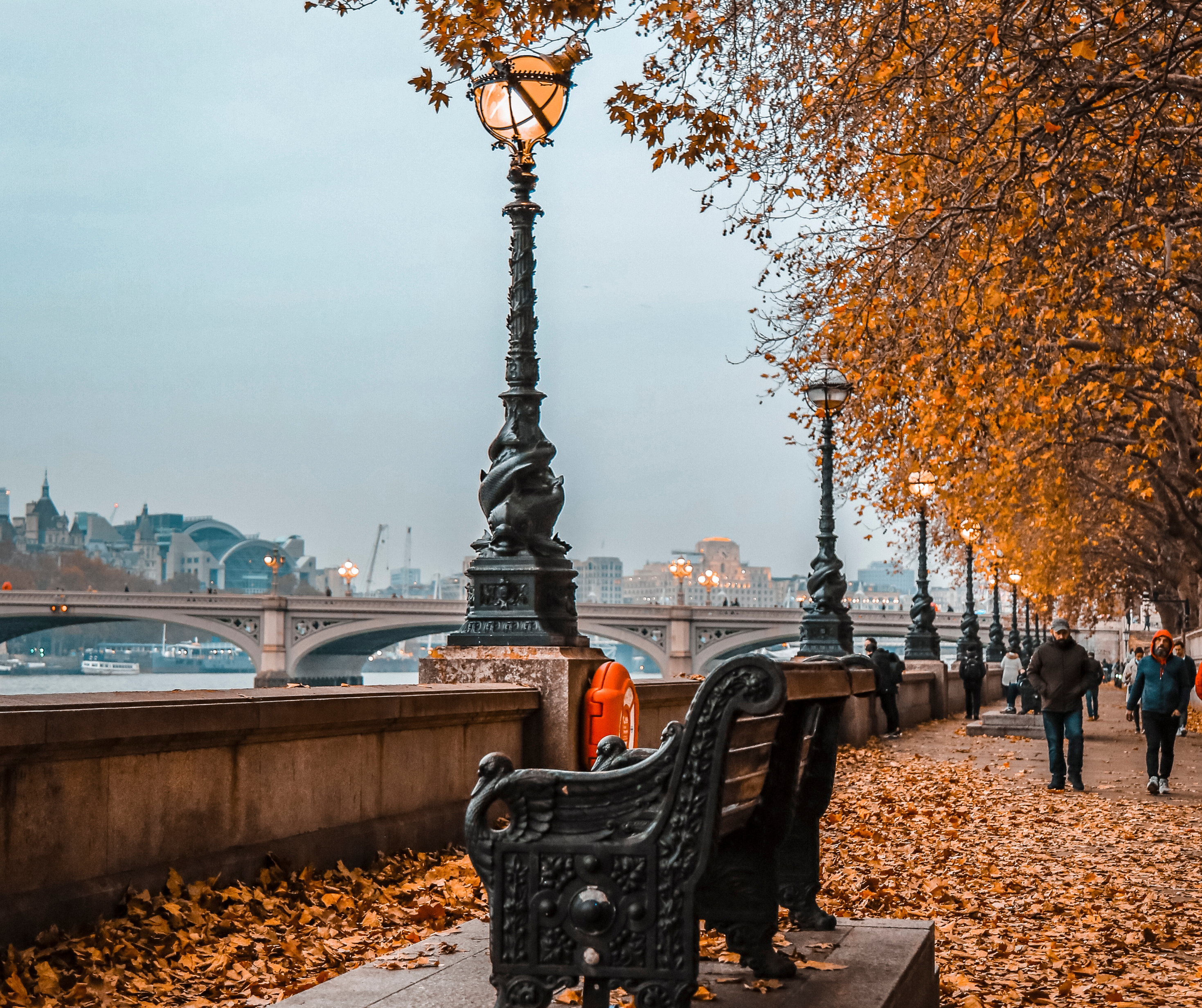 An autumn scene along the Thames River in London, with fallen leaves on the ground, street lamps, and benches lining the pathway.