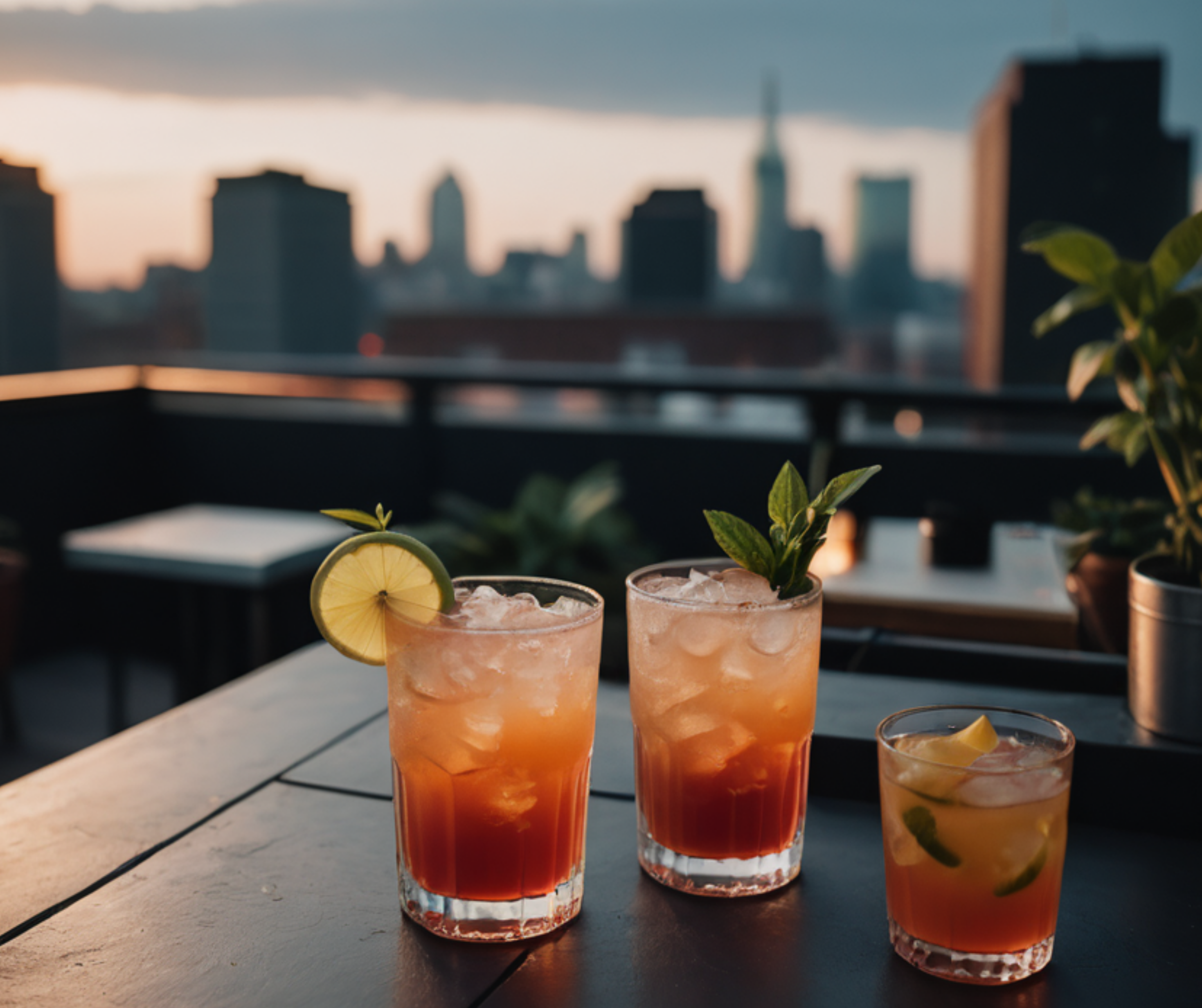 Three colorful cocktails on a rooftop bar with a view of the London skyline at sunset