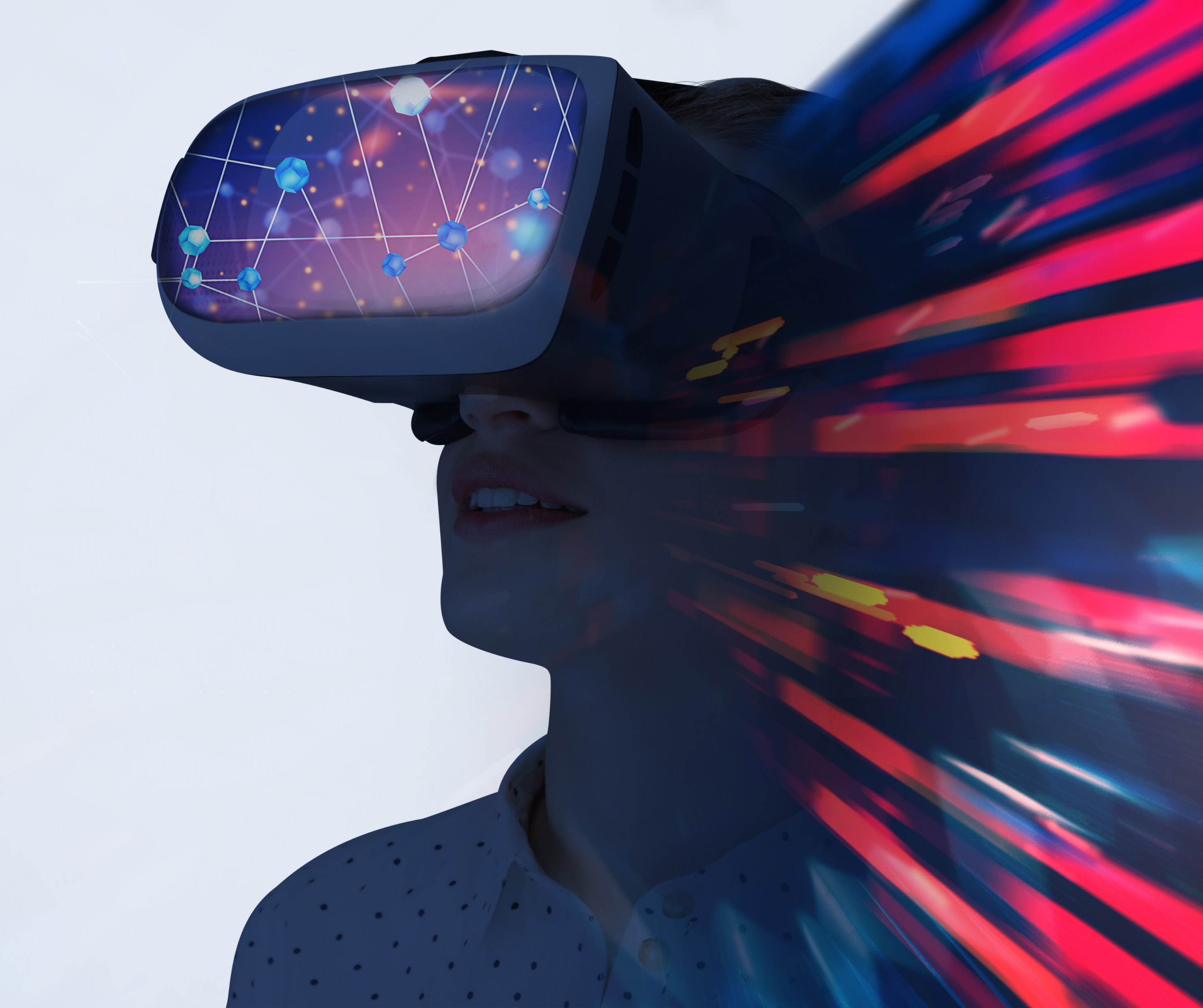 A person wearing a VR headset experiences a virtual environment with vibrant digital graphics and futuristic elements.