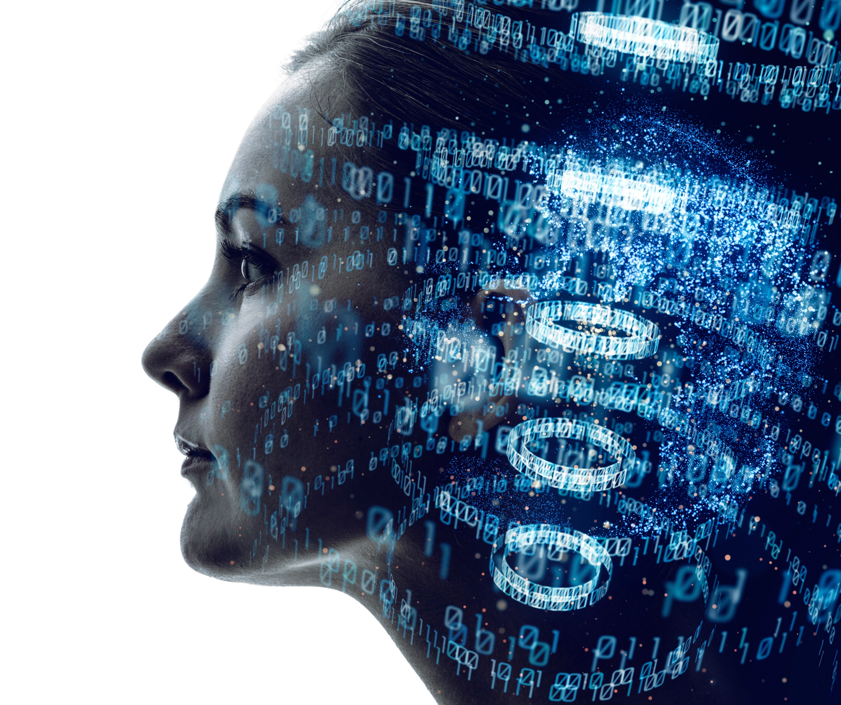 Profile of a person with digital binary code overlay, symbolizing artificial intelligence and data processing.