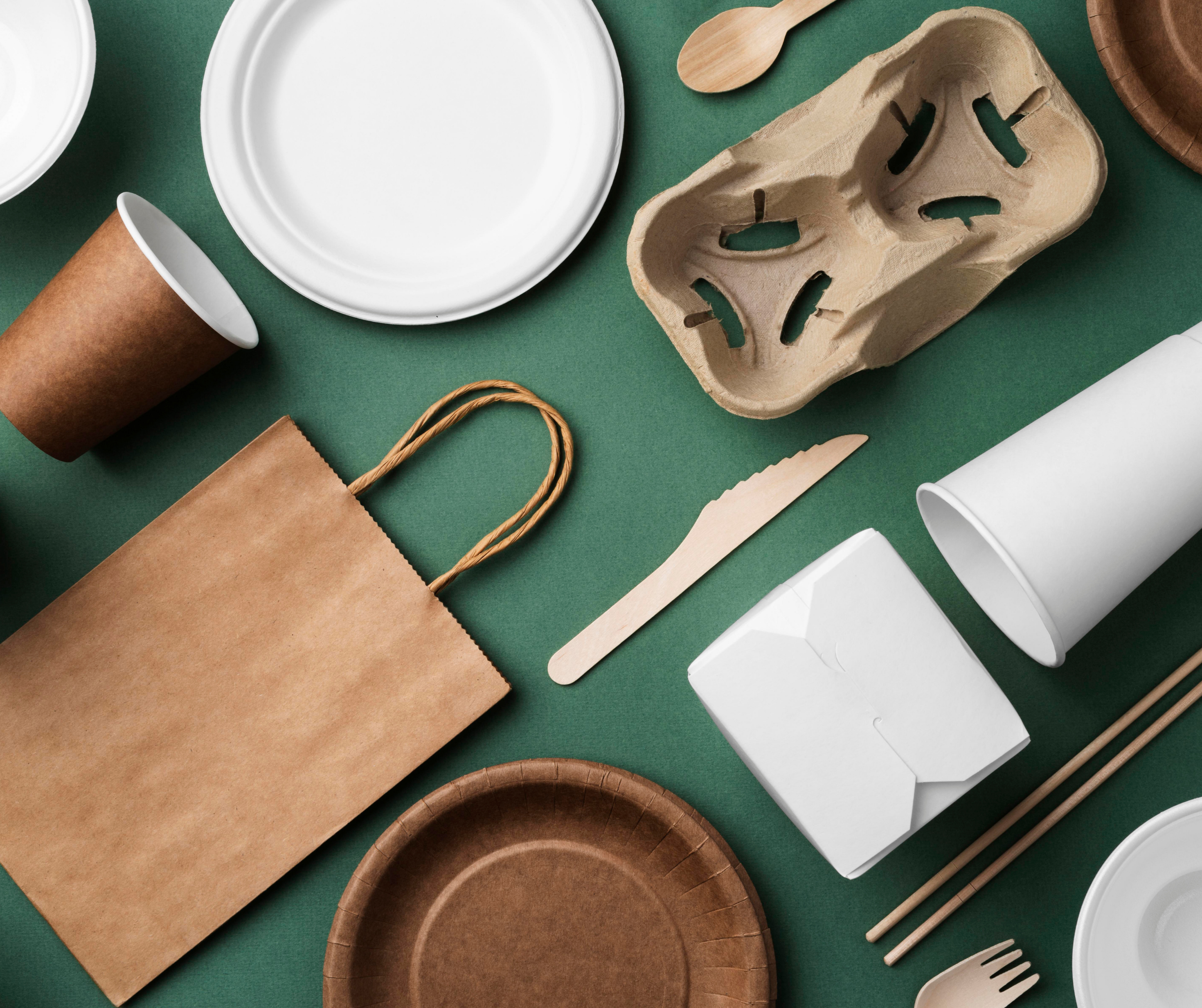 Various eco-friendly packaging materials such as paper bags, cups, plates, and wooden cutlery displayed on a green surface.