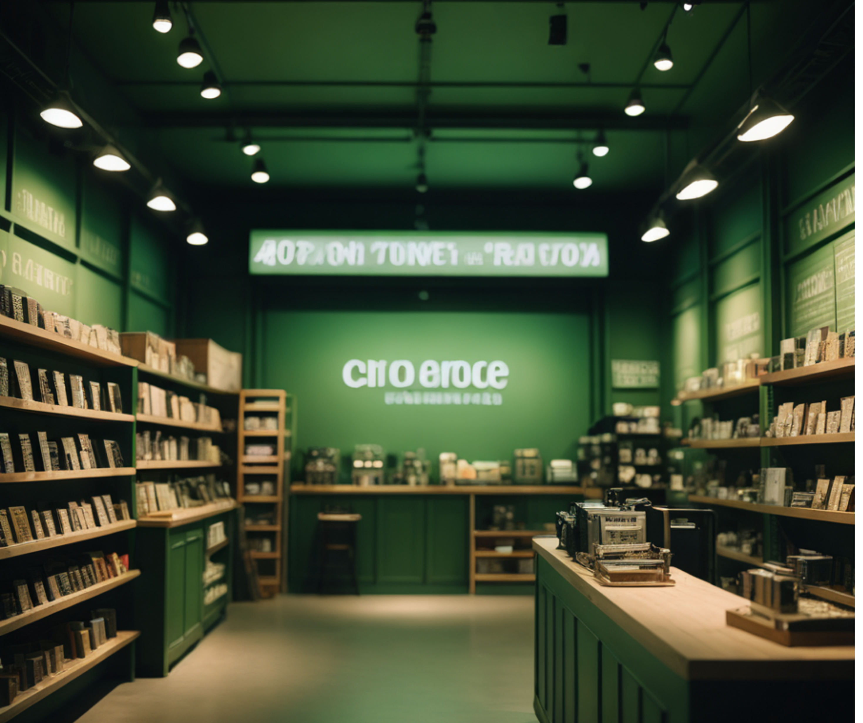 Green-themed boutique store interior with shelves of various products and a wooden counter