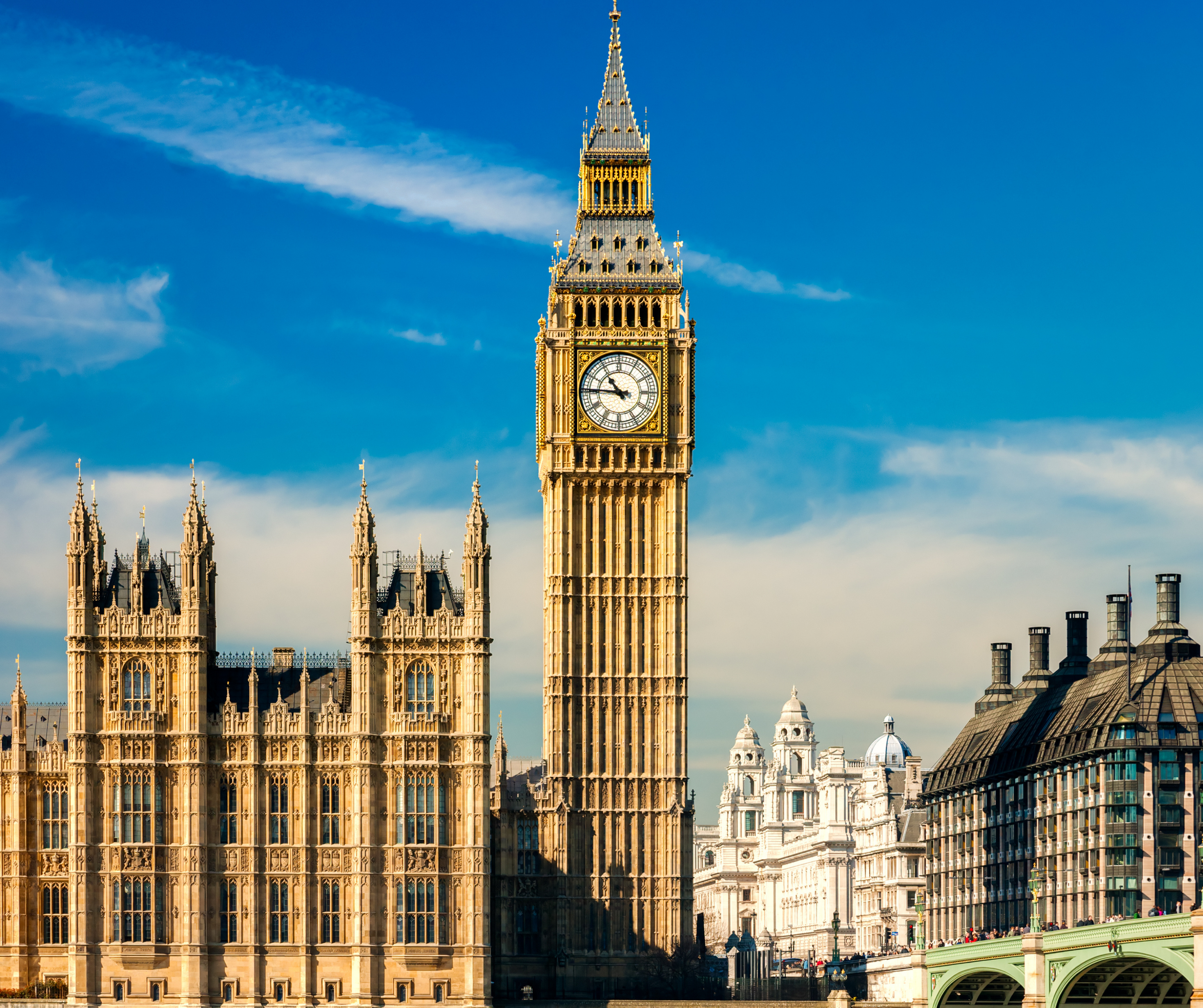 Big Ben and the Houses of Parliament in London on a sunny day.