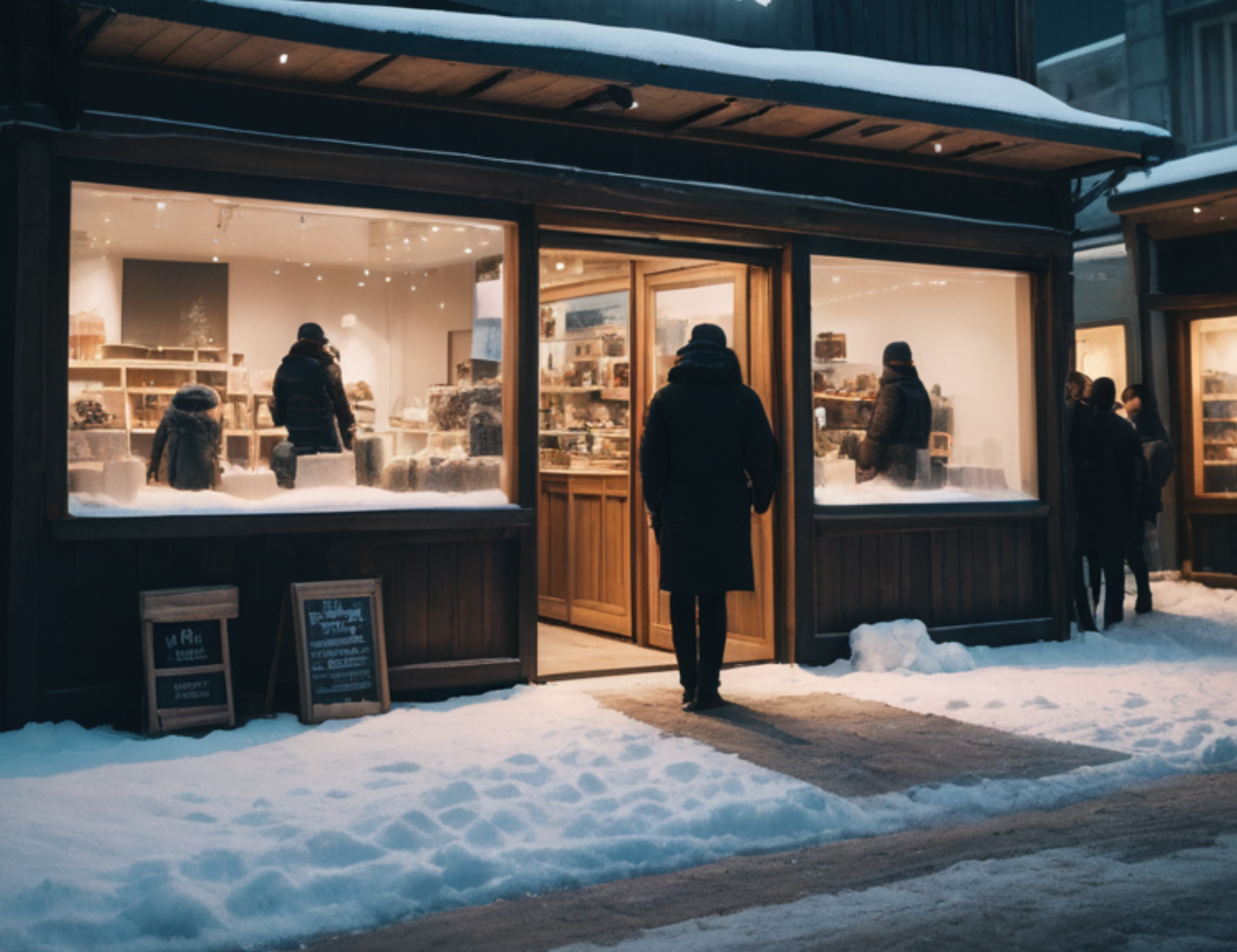 A winter pop-up shop in New York City with snow on the ground and customers browsing inside.