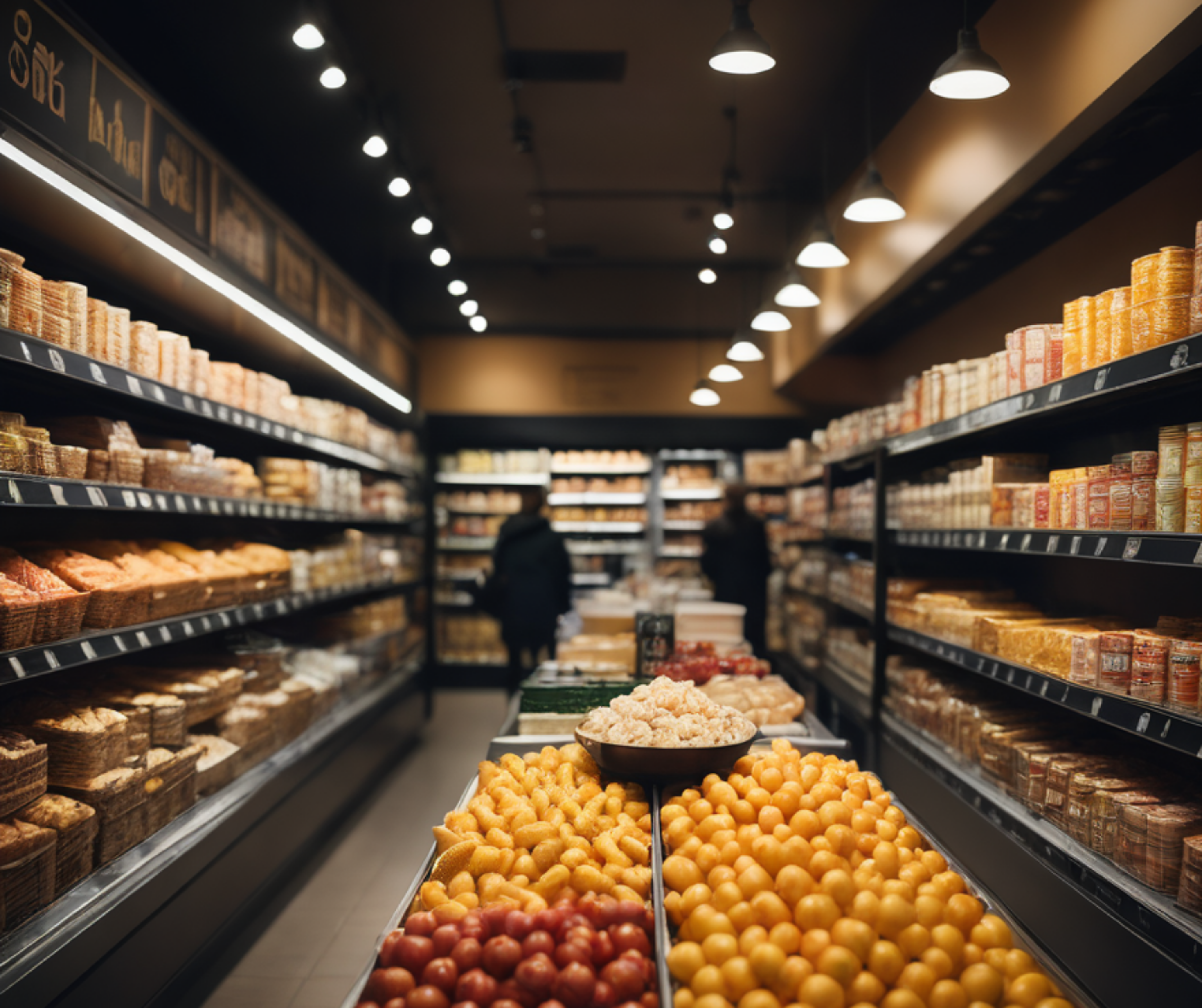 Modern grocery store interior with organized shelves of goods and a display of fresh produce.