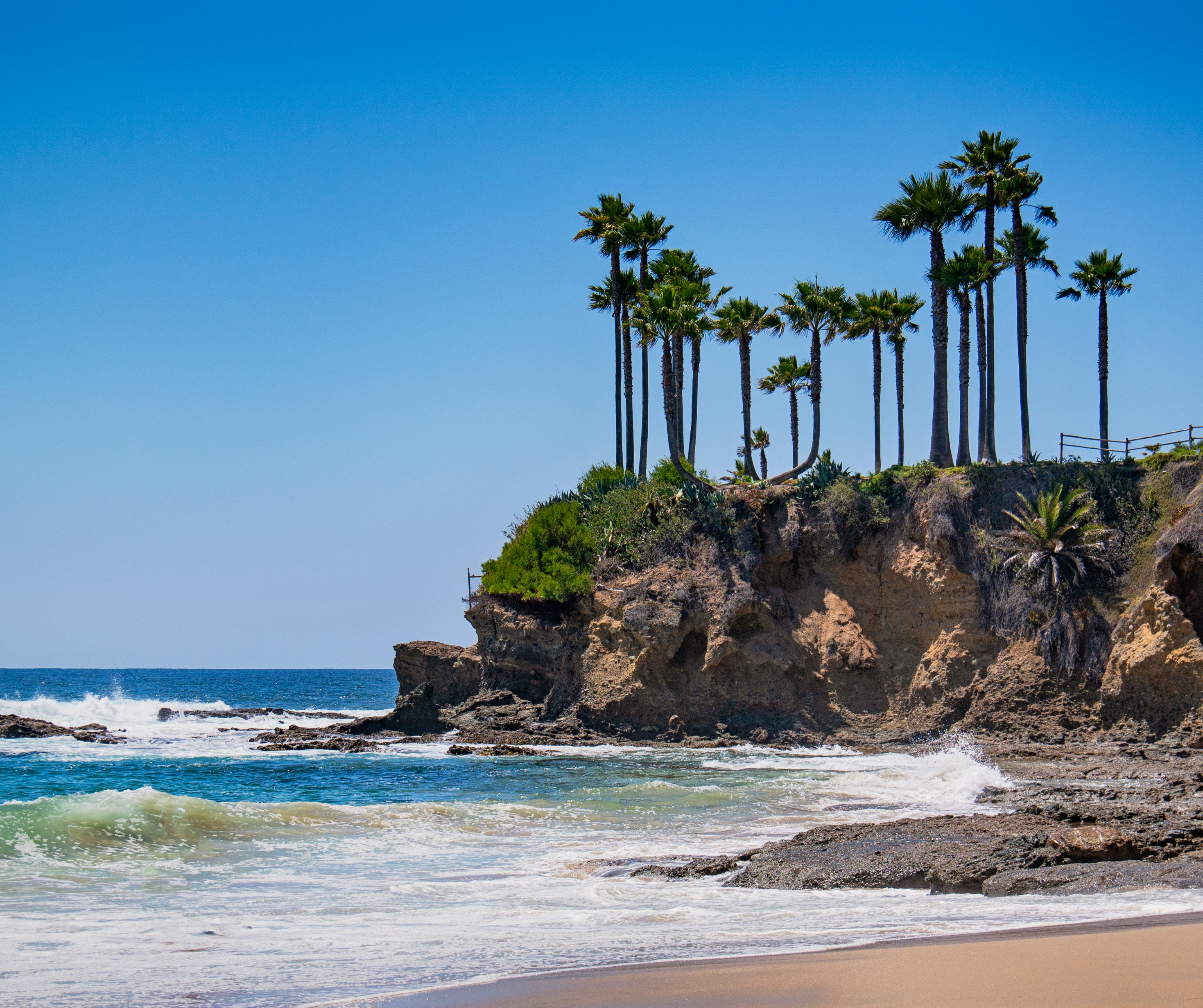 Scenic view of a Los Angeles beach with palm trees on a rocky cliff, waves crashing on the shore, and a clear blue sky