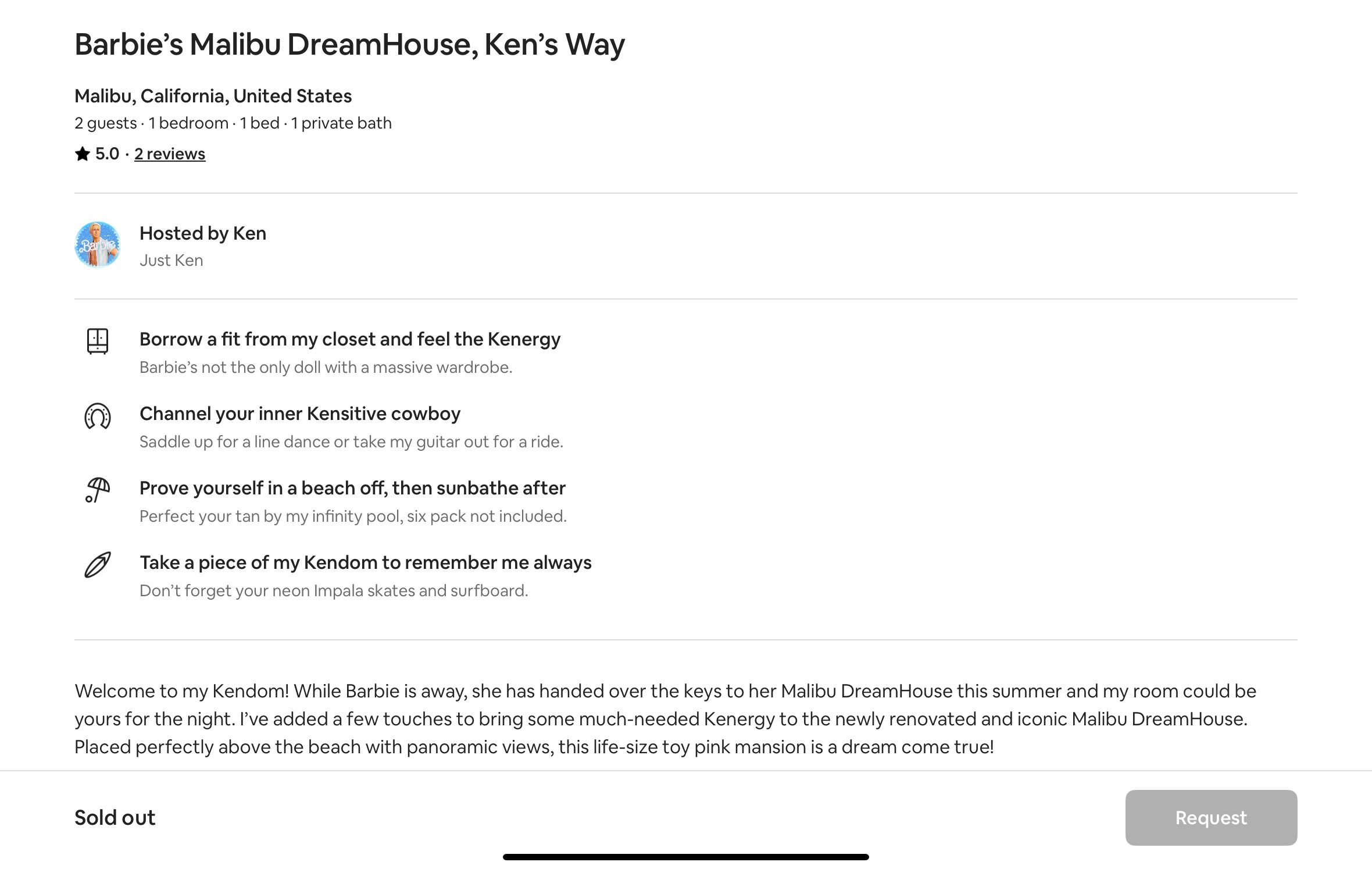 Airbnb listing for Barbie's Malibu DreamHouse, Ken's Way in Malibu, California. Descriptions of activities and amenities are provided.