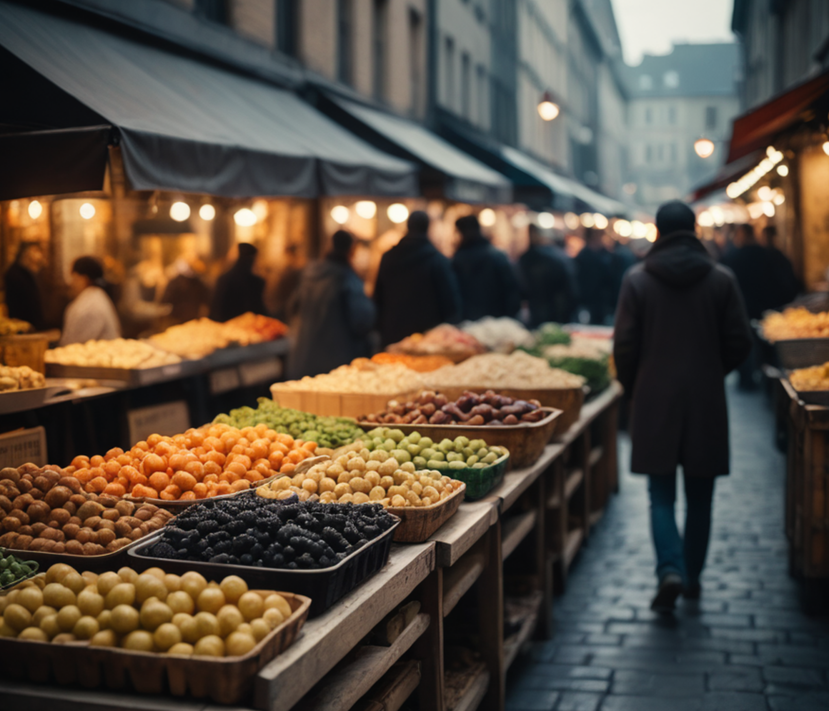 A vibrant street market with various colorful stalls and numerous shoppers.