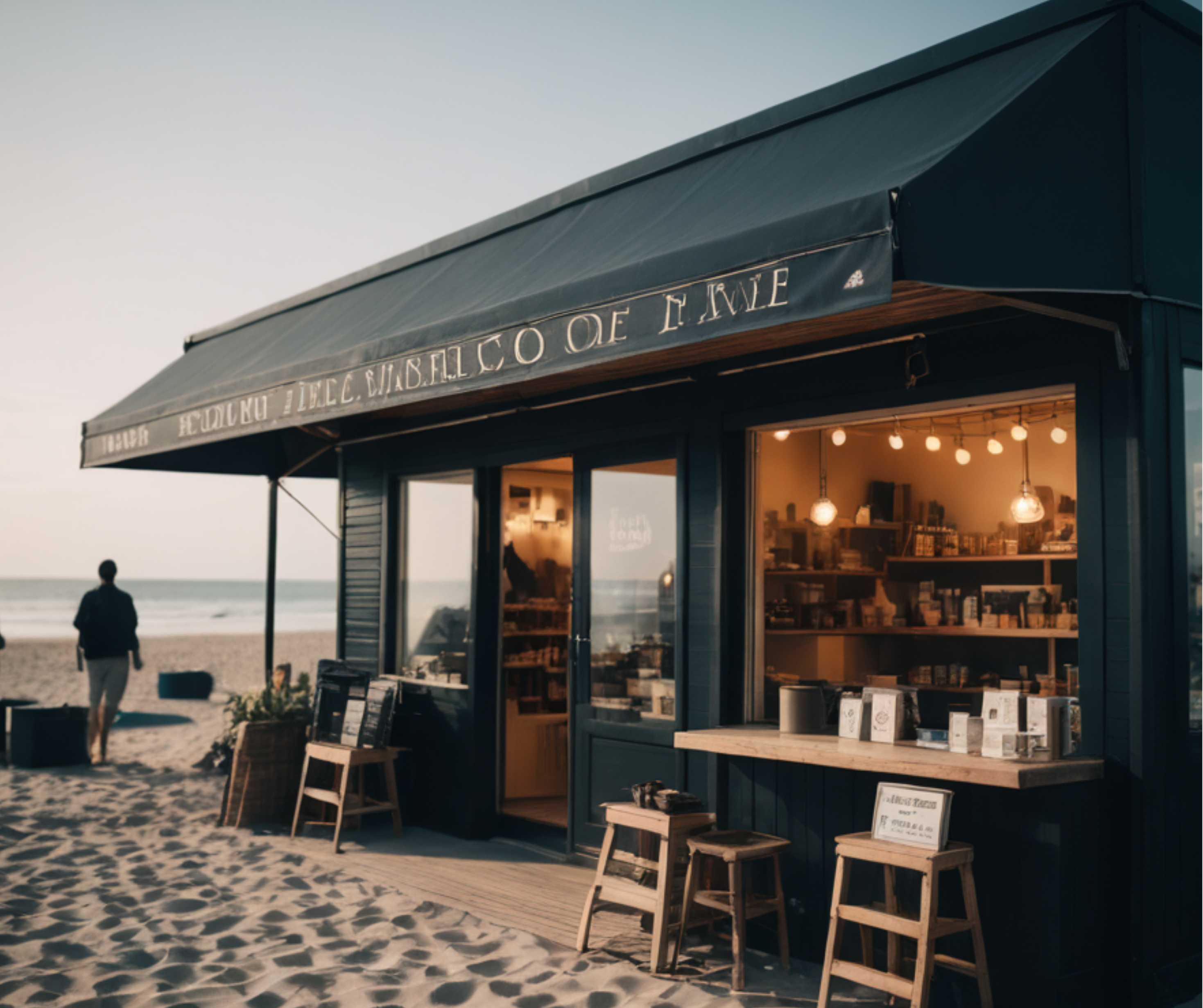 Beachside store with a charming exterior, wooden tables, and shelves filled with various products