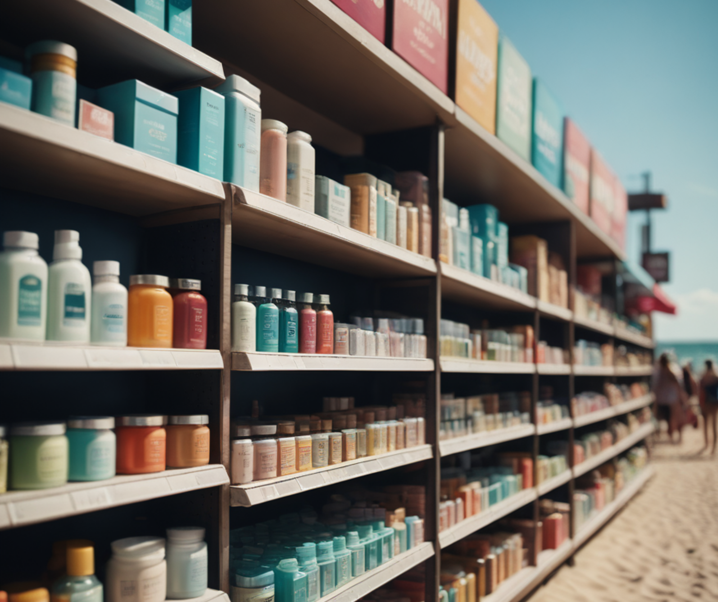 Shelves filled with various sunscreen bottles in a beachside shop with the sea in the background