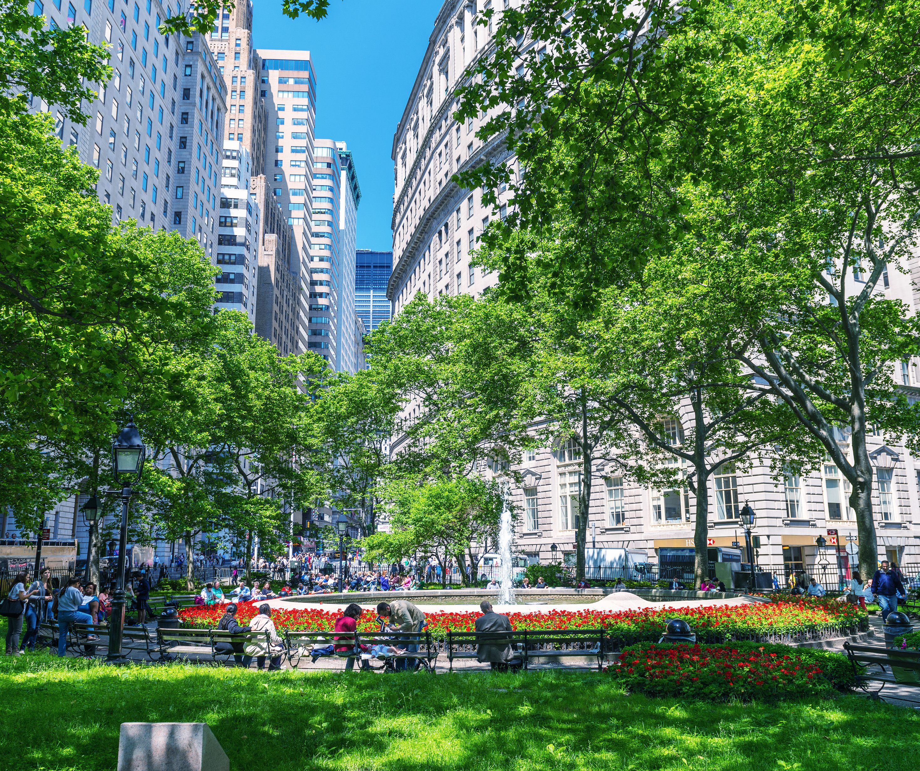 A scenic view of the High Line park in New York City, featuring lush greenery and cityscape.