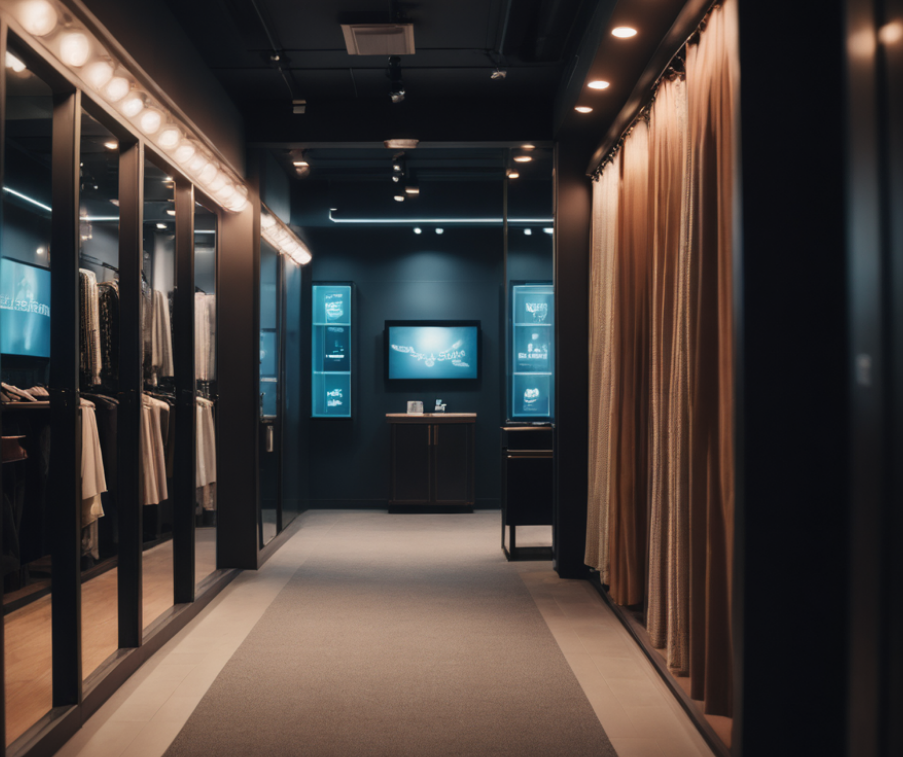 A sleek, modern retail store featuring an interactive virtual reality (VR) fitting room, enhancing the shopping experience with digital technology.