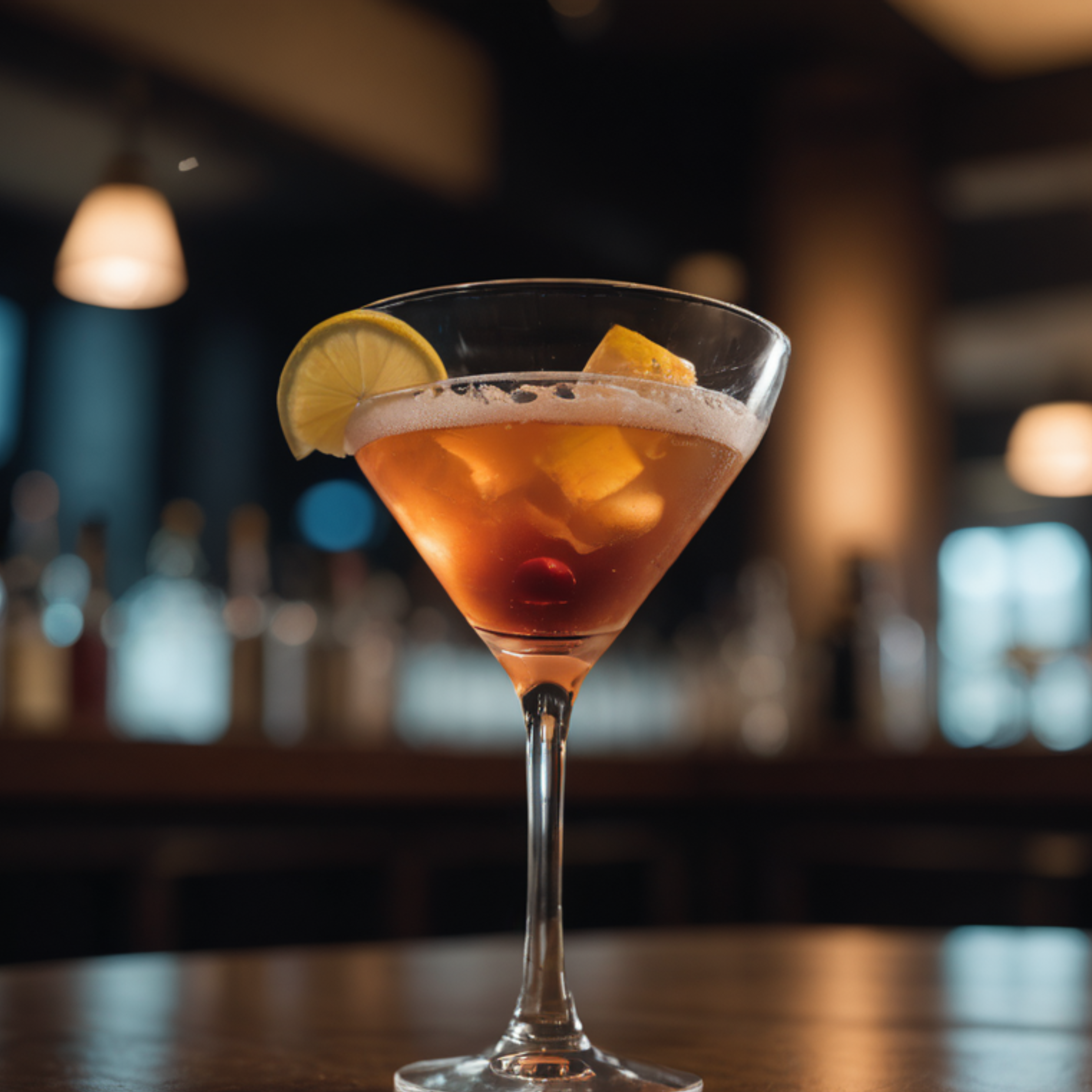 Martini with lemon and cherry garnish on a bar counter with a warm, cozy ambiance.