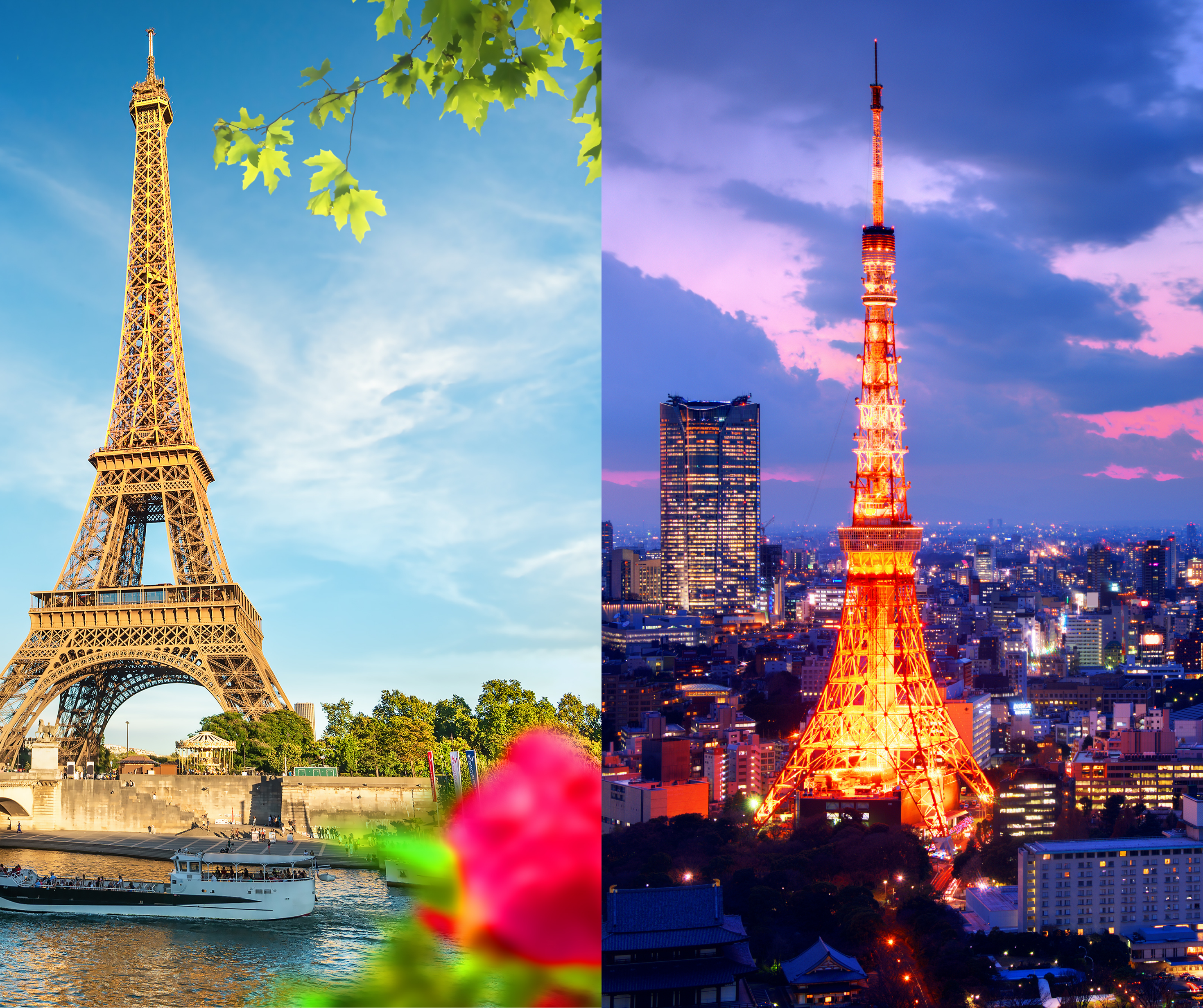 Composite image showing the Eiffel Tower in Paris alongside Tokyo Tower in Japan, representing iconic landmarks from both cities.