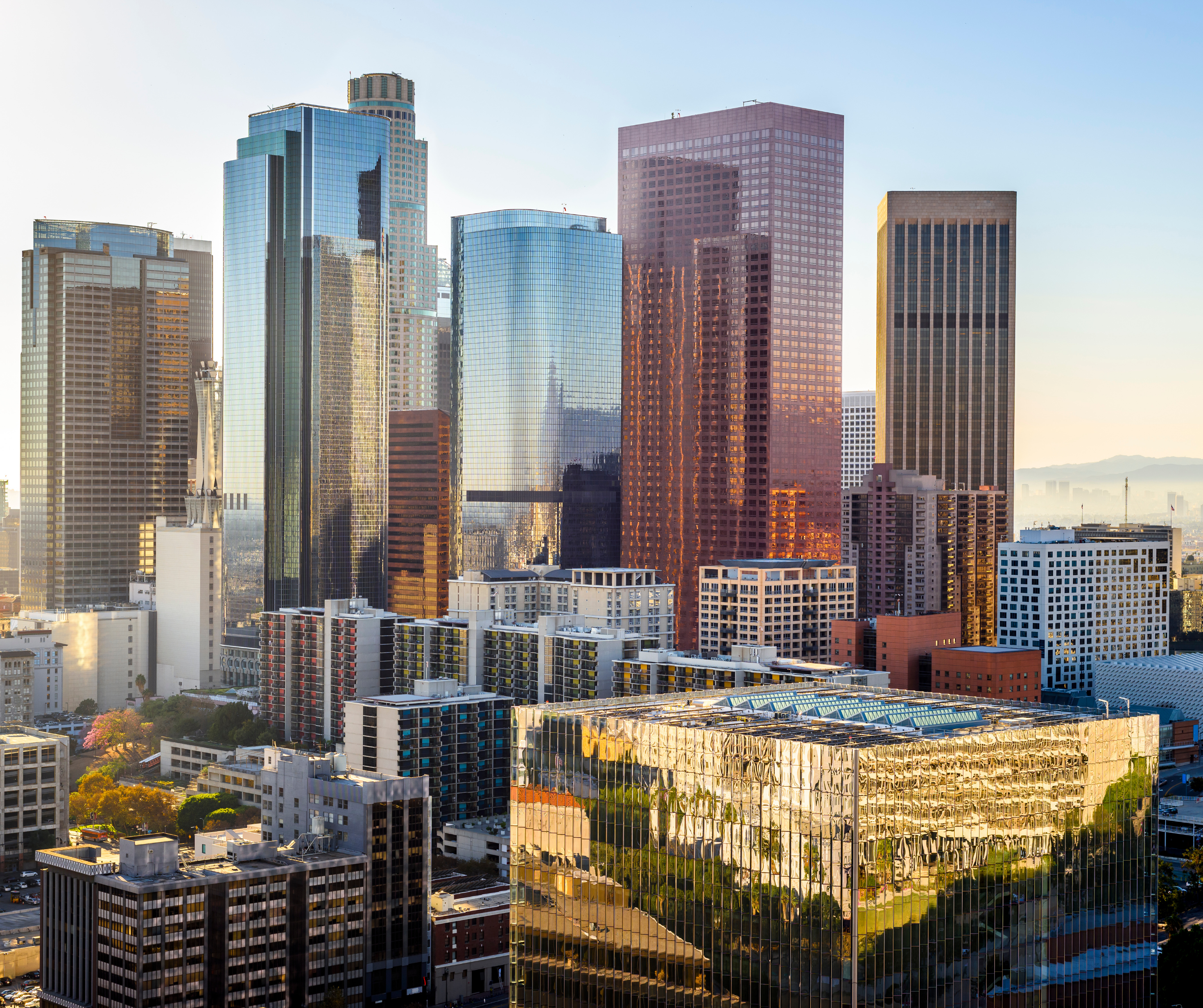 A panoramic view of Los Angeles showcasing its iconic skyscrapers and modern architecture.