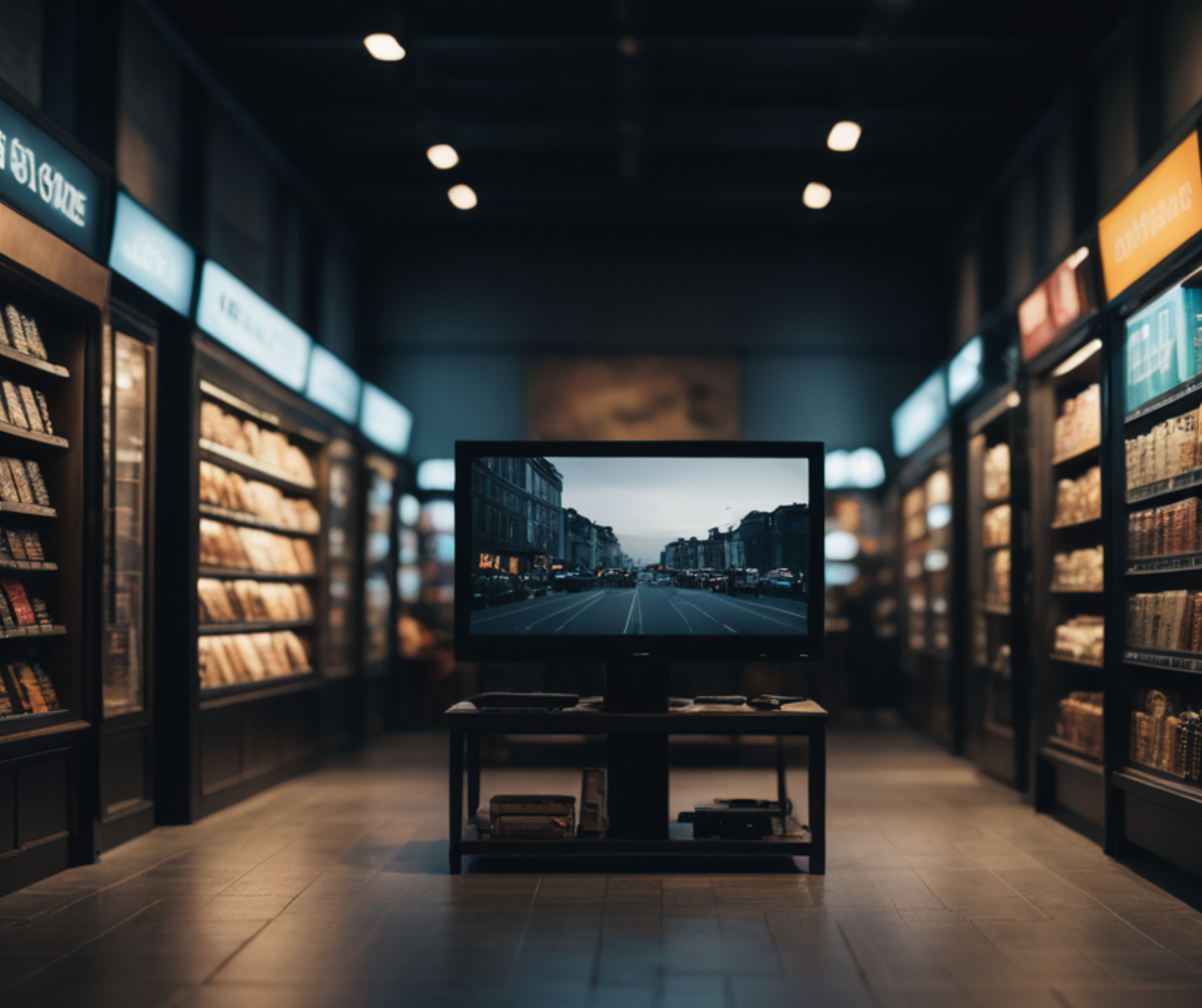 A TV screen in a modern store showing a virtual street scene, surrounded by shelves of products.