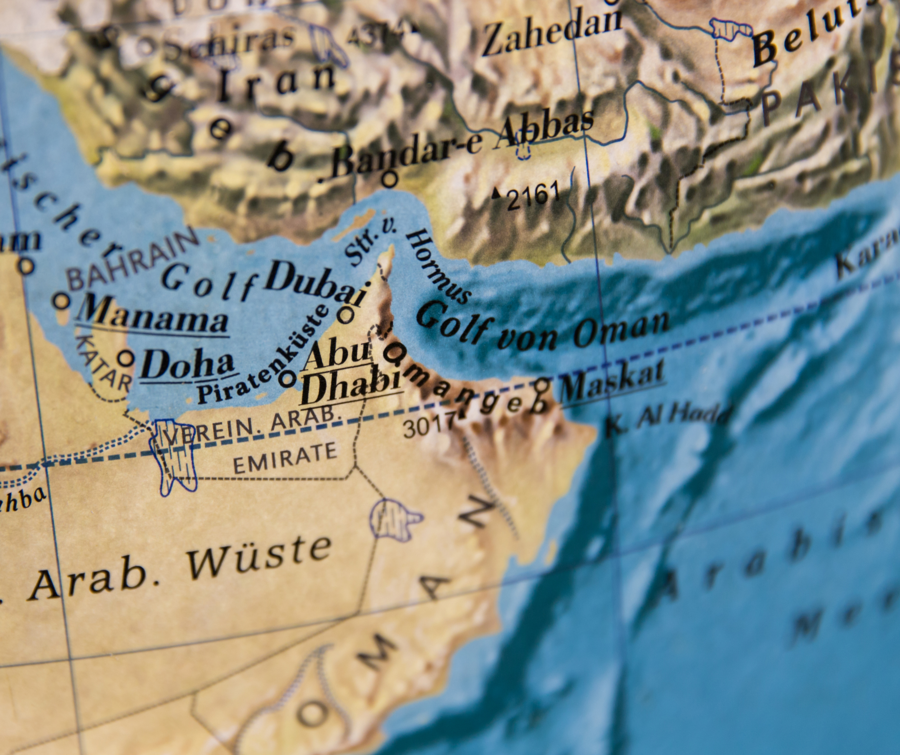 A close-up map view of the Persian Gulf region highlighting Abu Dhabi