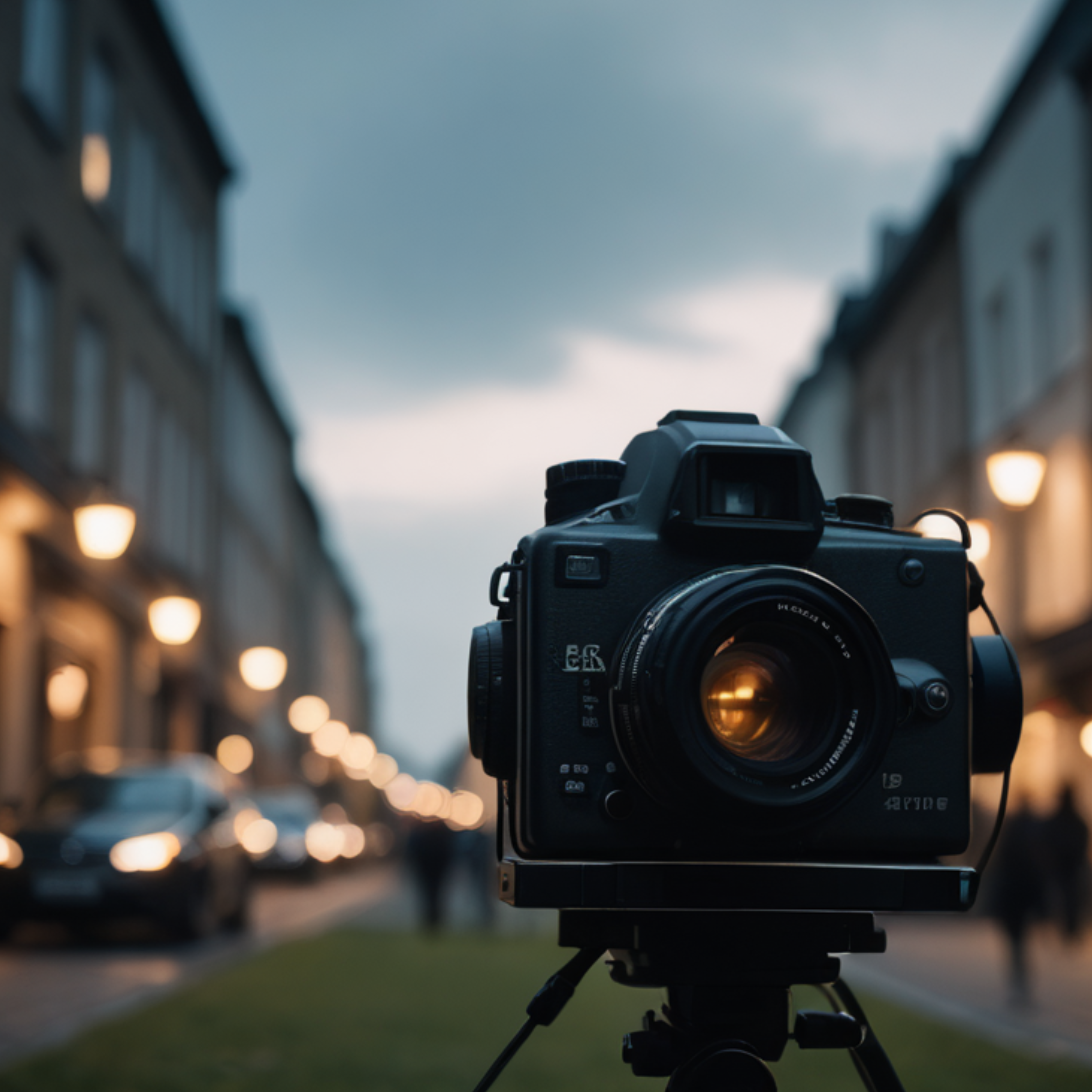  Professional camera on a tripod capturing a street scene at dusk.