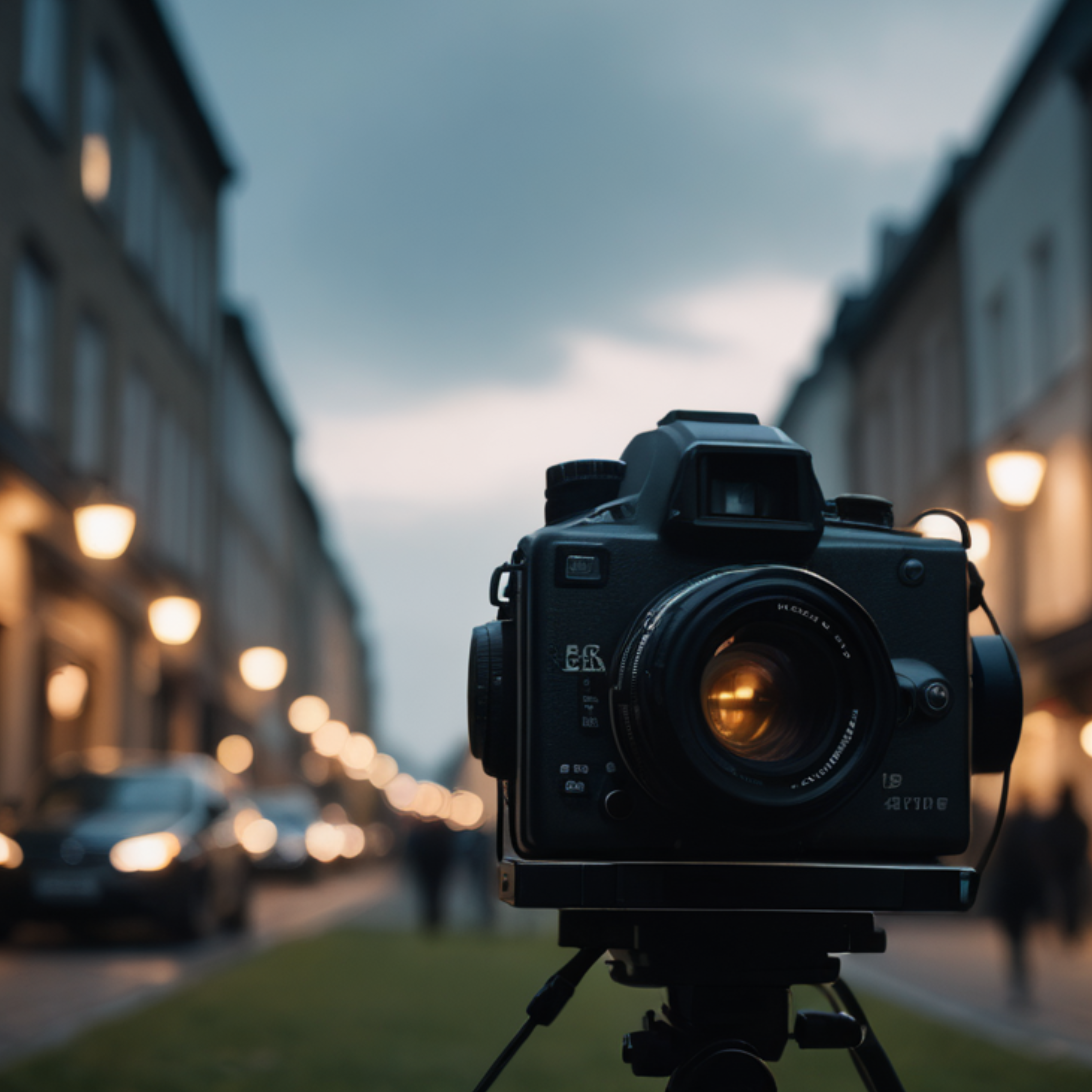 Professional camera on a tripod capturing a street scene at dusk.