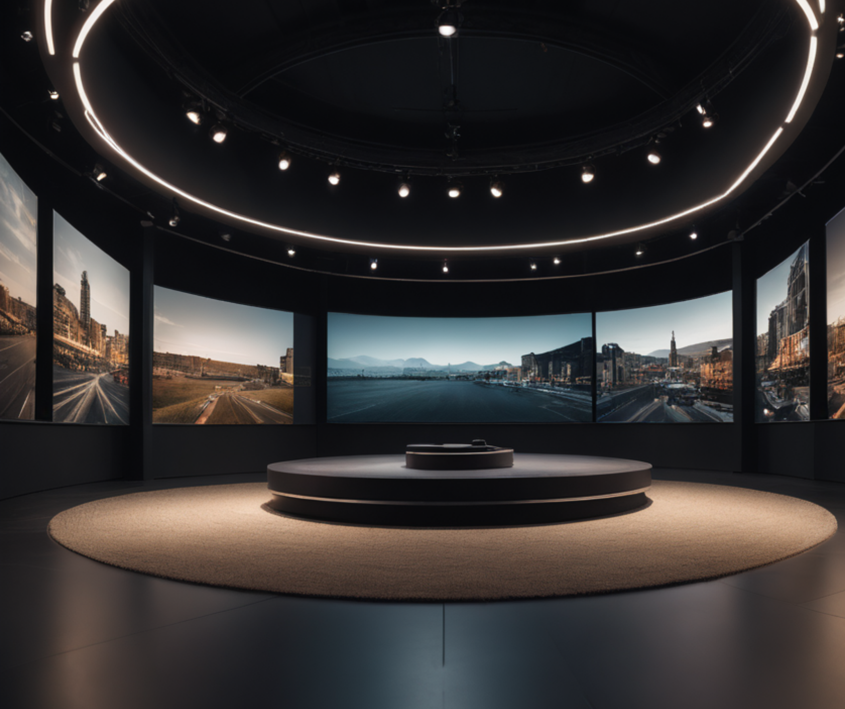 Futuristic VR showroom with panoramic displays showcasing landscapes in Abu Dhabi.
