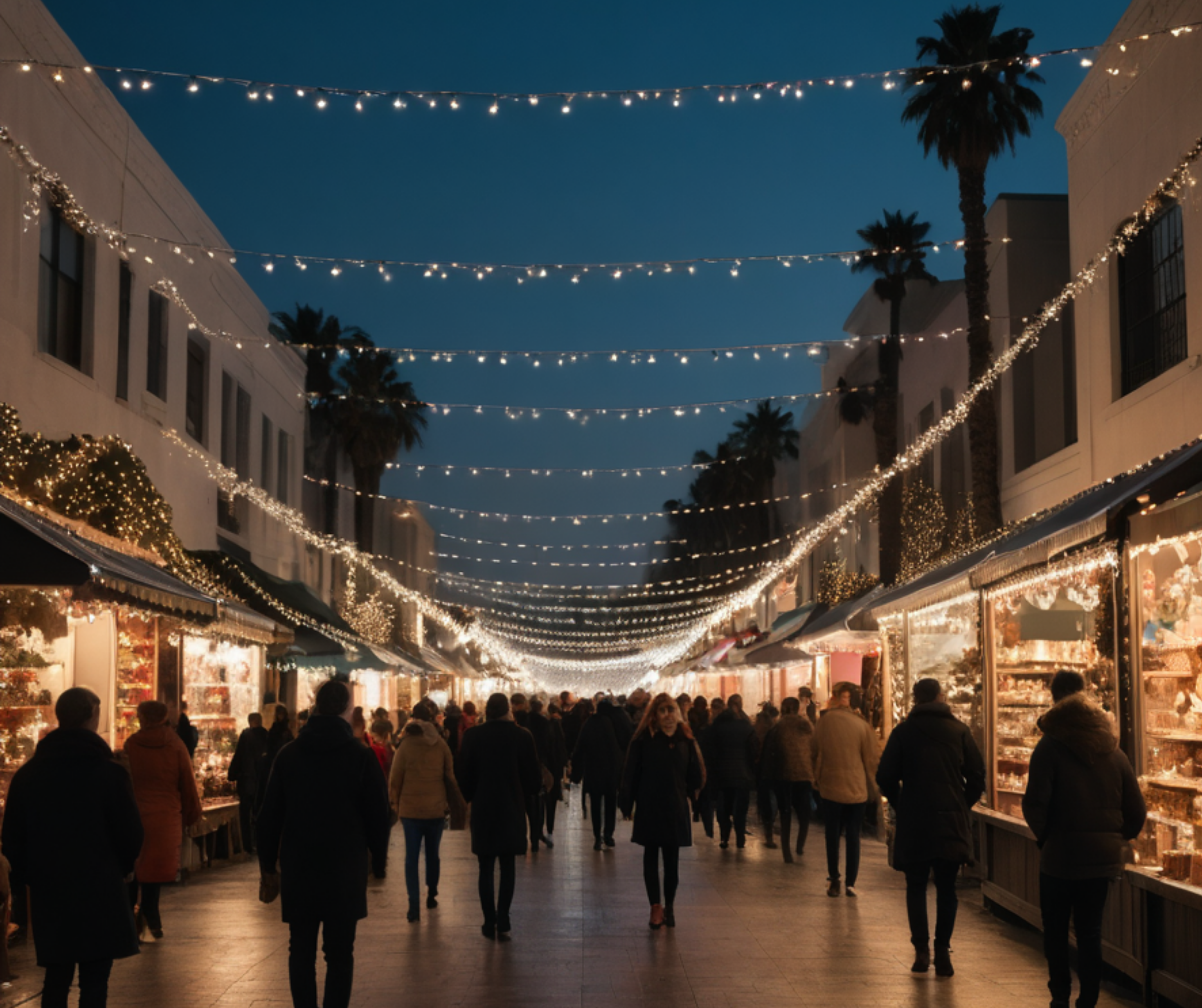 A Christmas market in Los Angeles, with festive lights hanging above and people walking among decorated stalls.