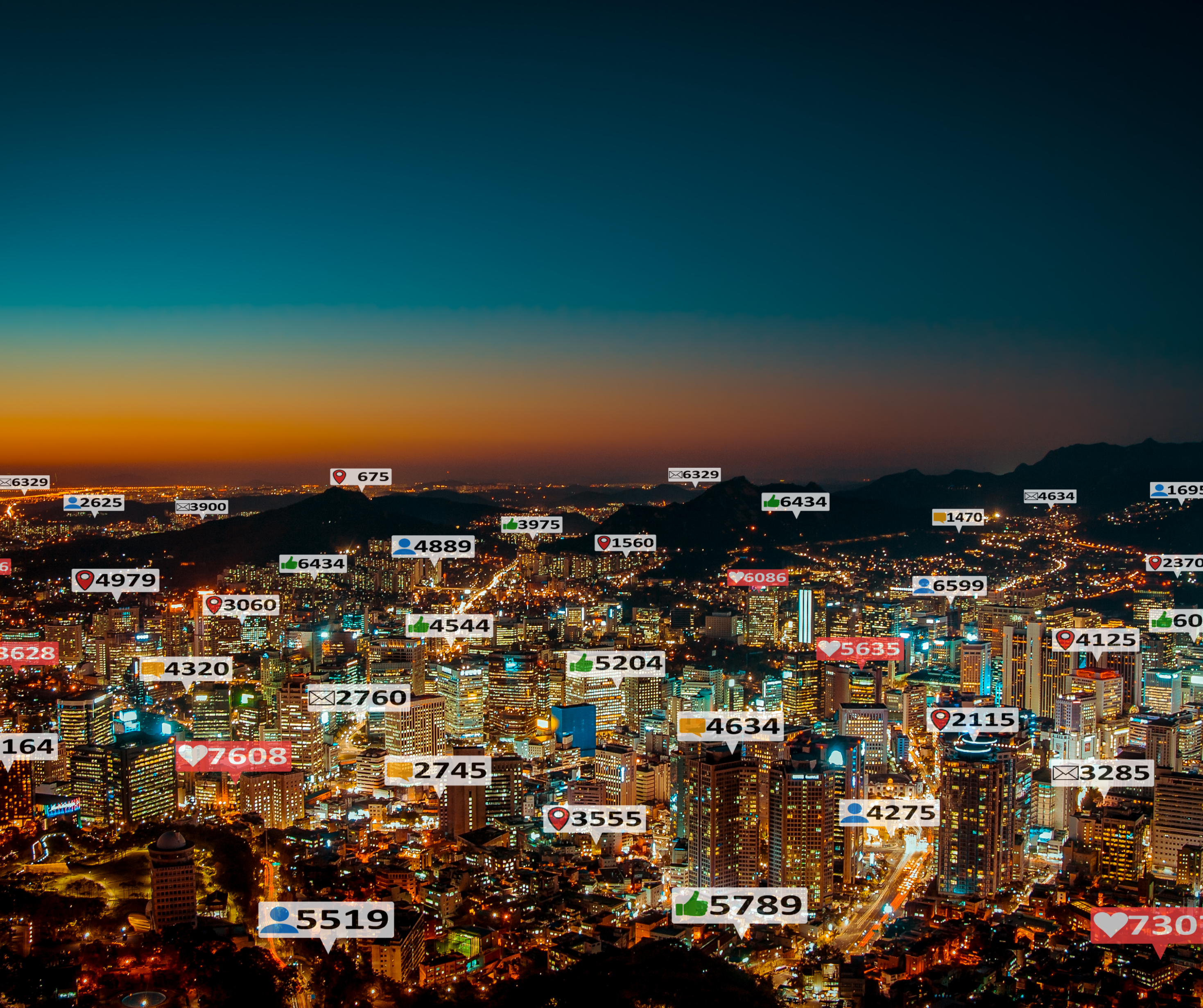 A cityscape at dusk with various social media interaction icons such as likes, comments, and shares superimposed over the buildings.