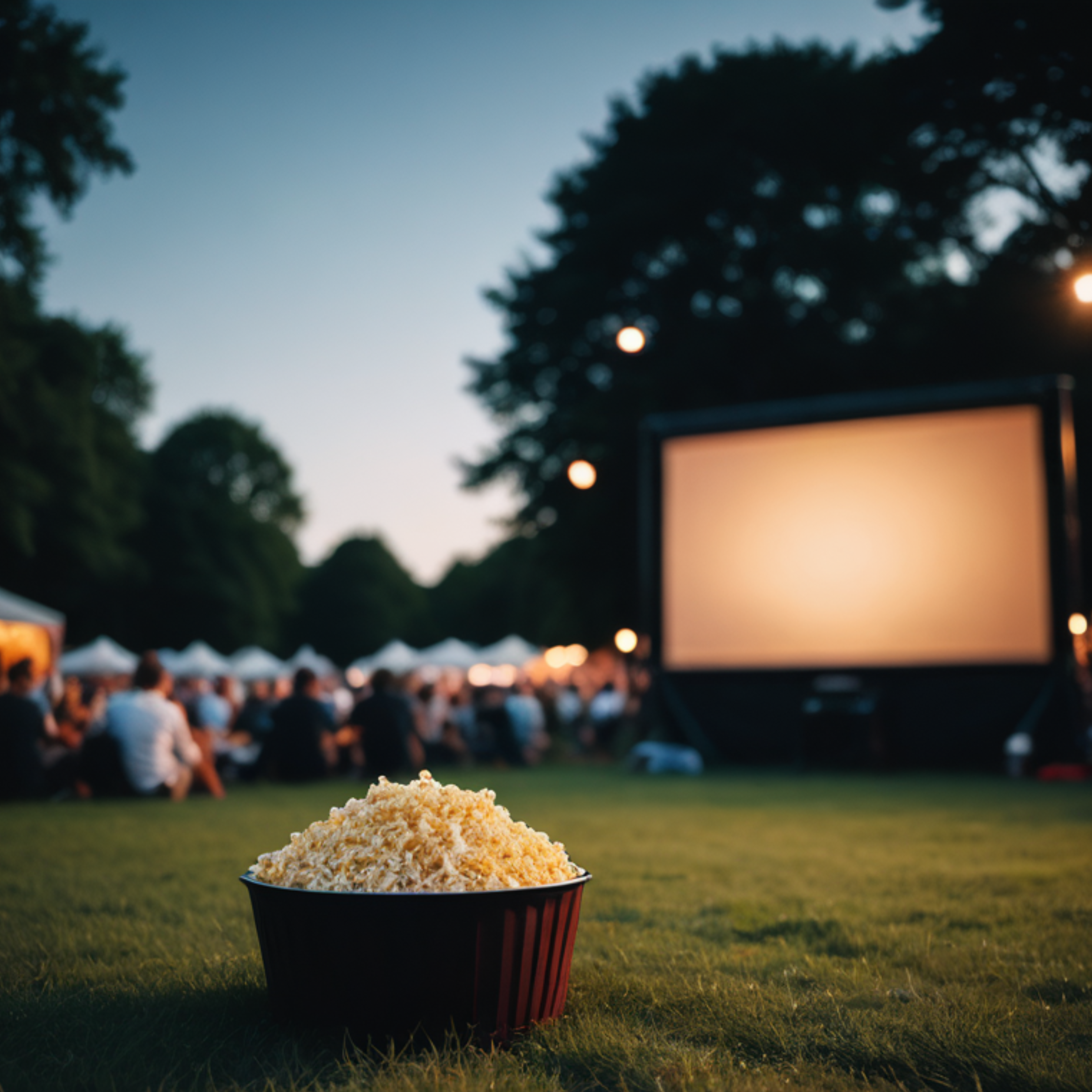 A bowl of popcorn in front of an outdoor movie screen with a crowd in the background during dusk.