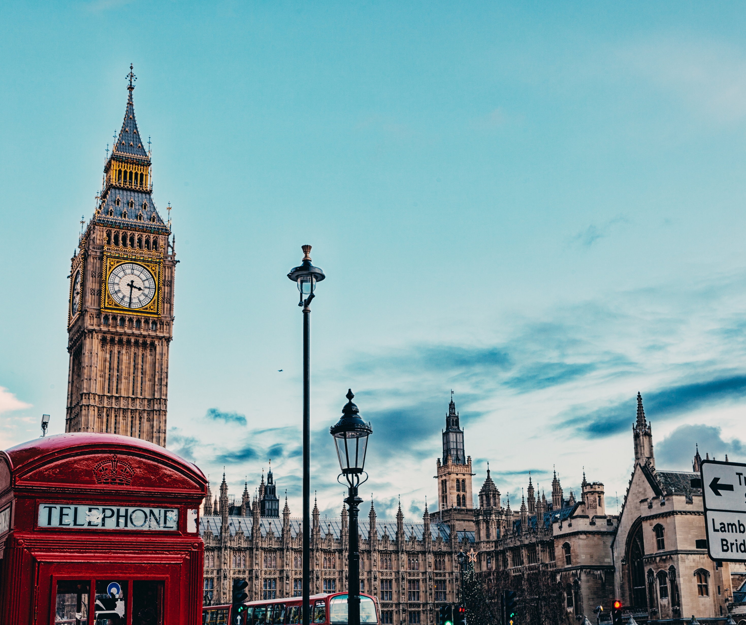 Big Ben and a red telephone booth in London.