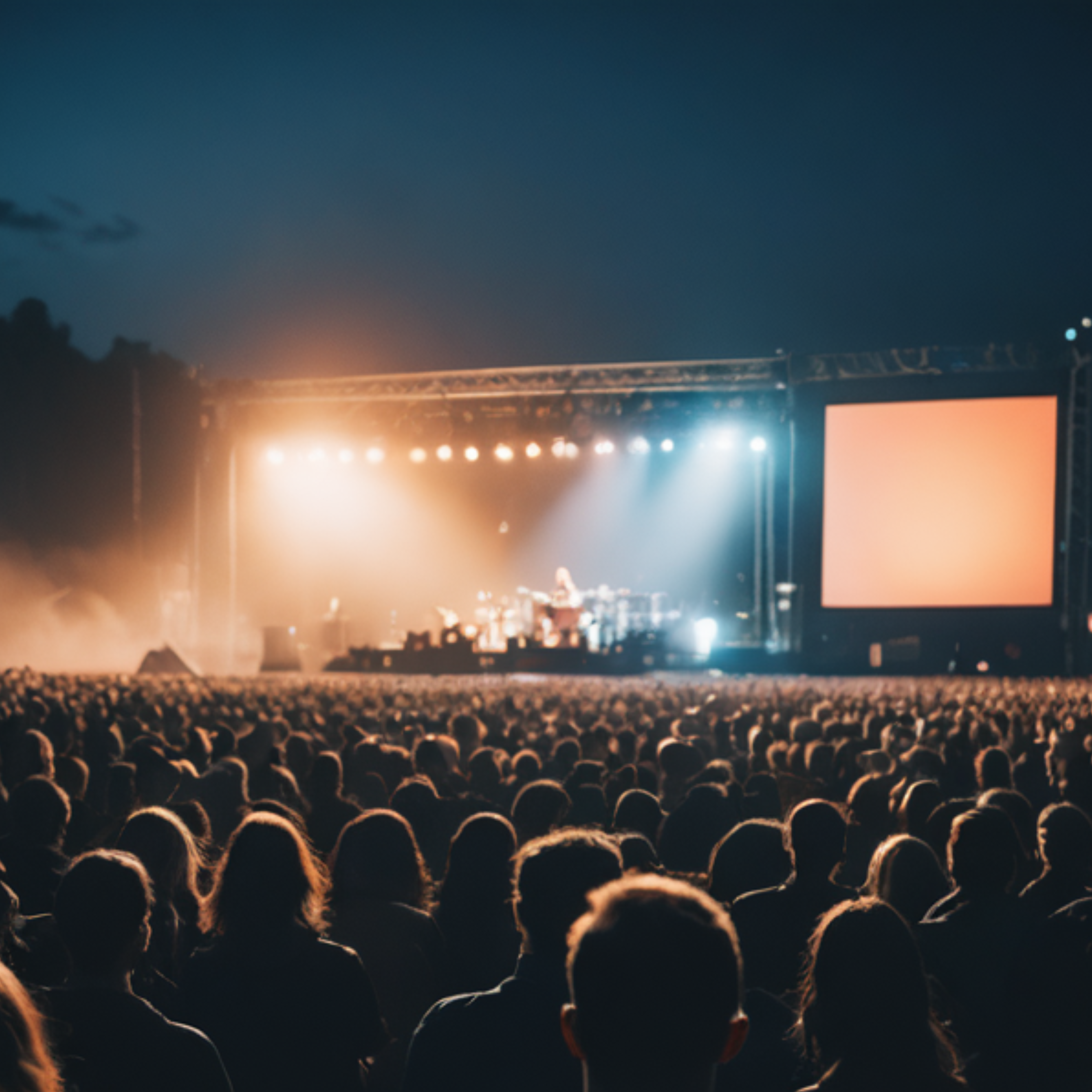 Nighttime live concert with a large audience and stage lights.