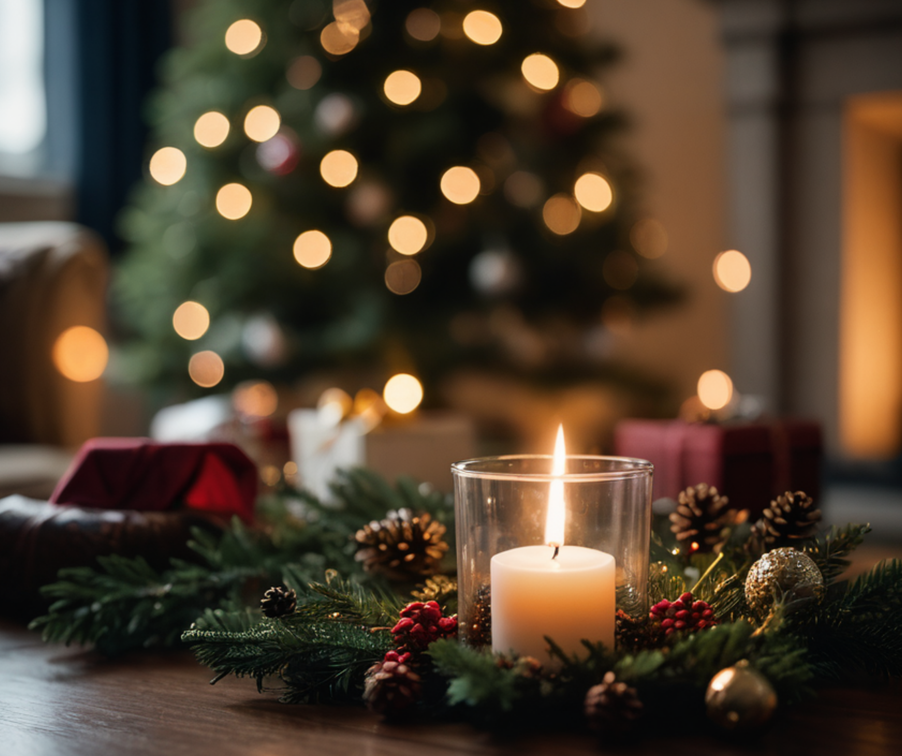 A lit candle surrounded by holiday decorations with a blurred Christmas tree in the background.