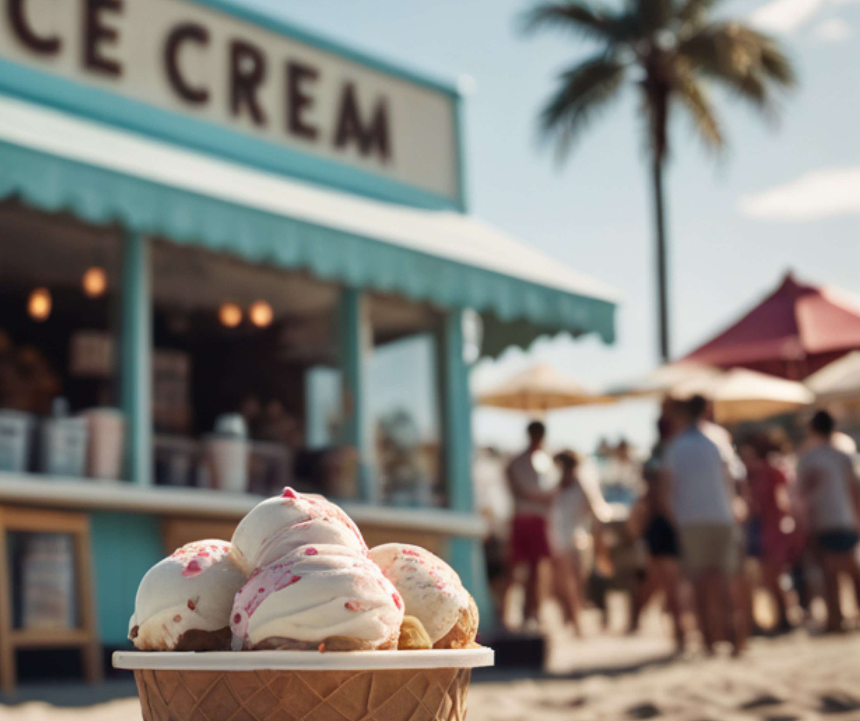 Close-up of scoops of ice cream in a waffle cone with a beachside ice cream stand and people in the background.