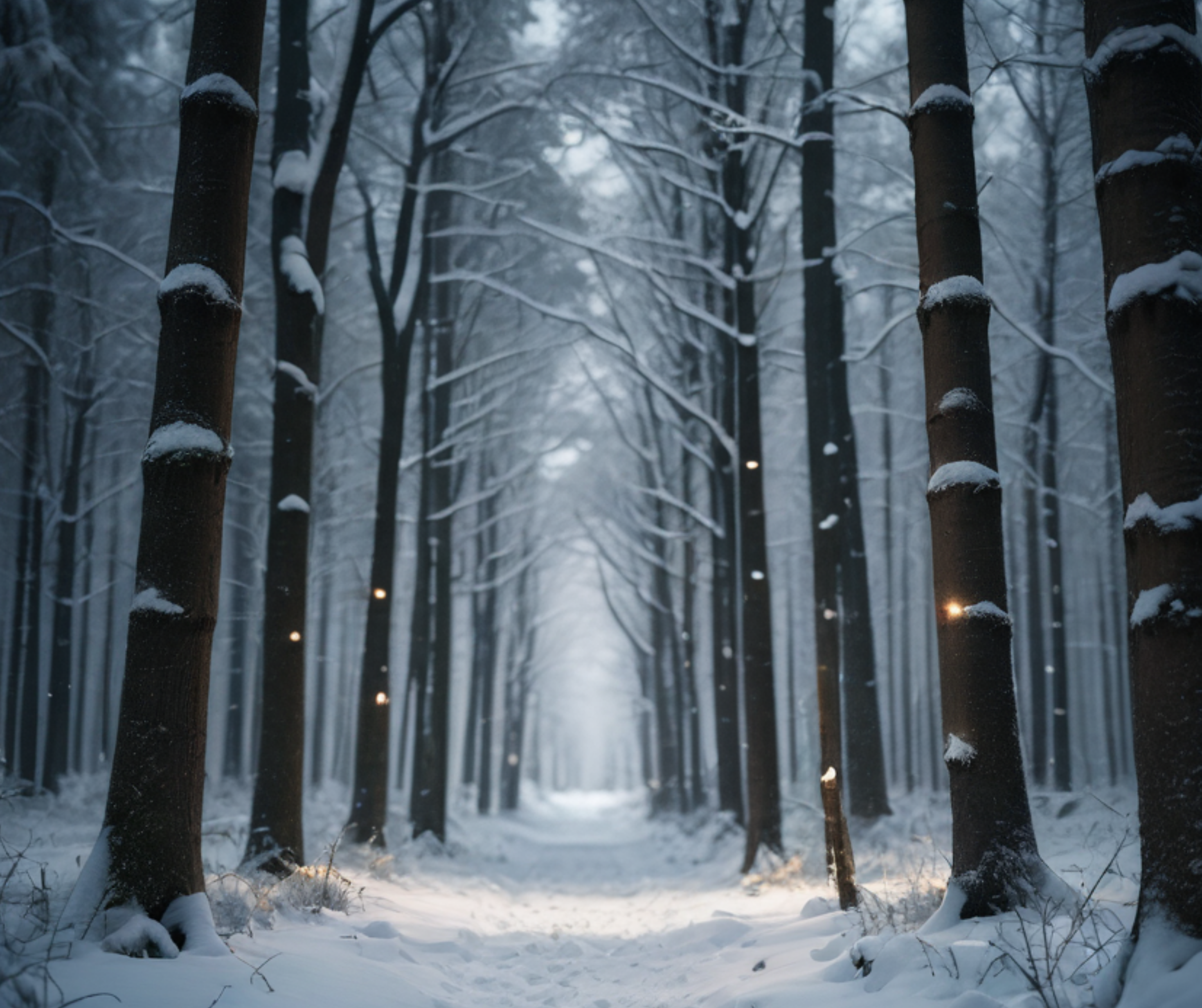 A serene snow-covered forest path with tall trees, lightly dusted with snow, and small twinkling lights adorning the trunks.