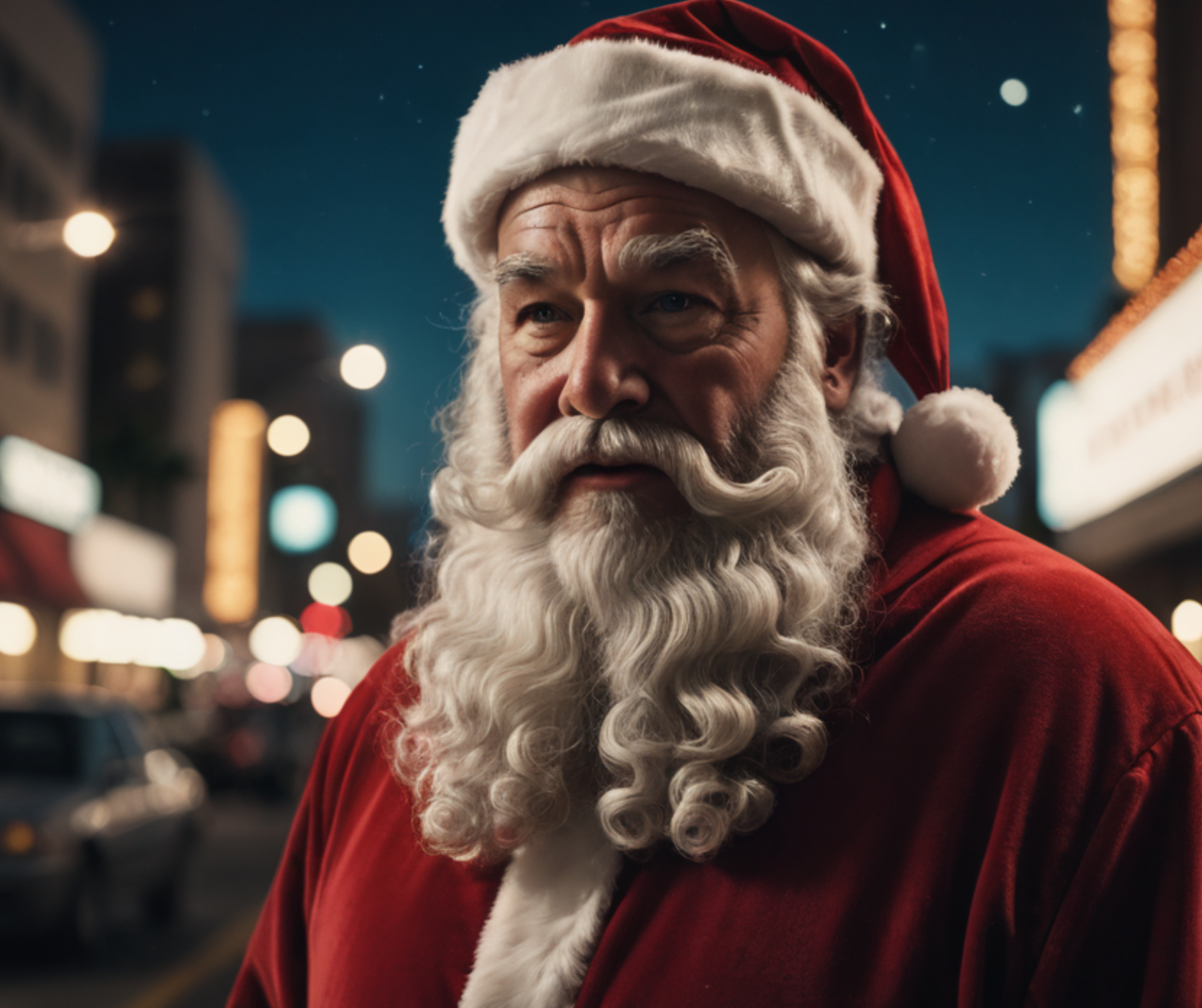 A Santa Claus with a white beard and red suit, standing outside in a festive holiday setting.