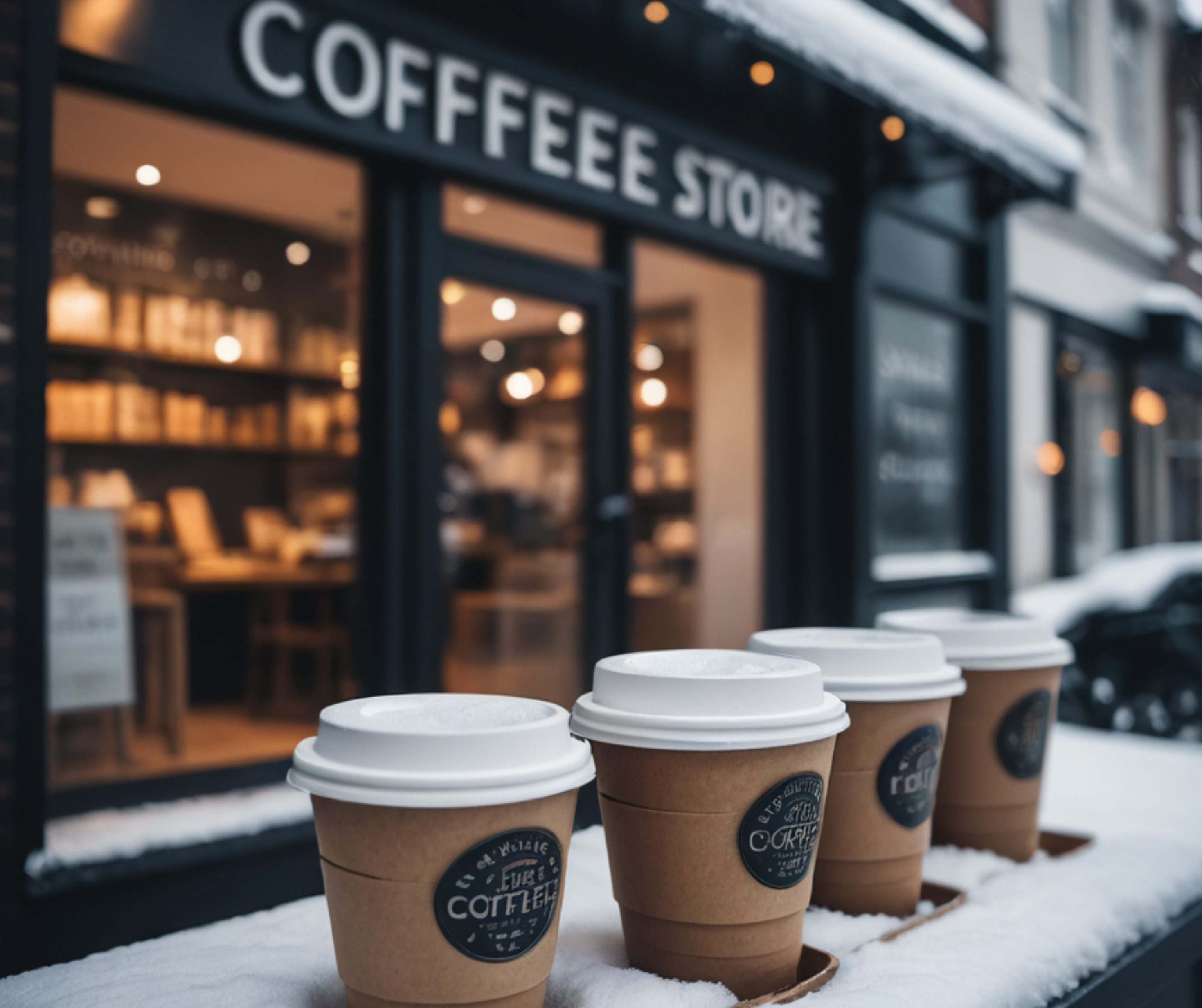 Four hot coffee cups in a snowy setting placed on a table outside a cozy coffee shop.