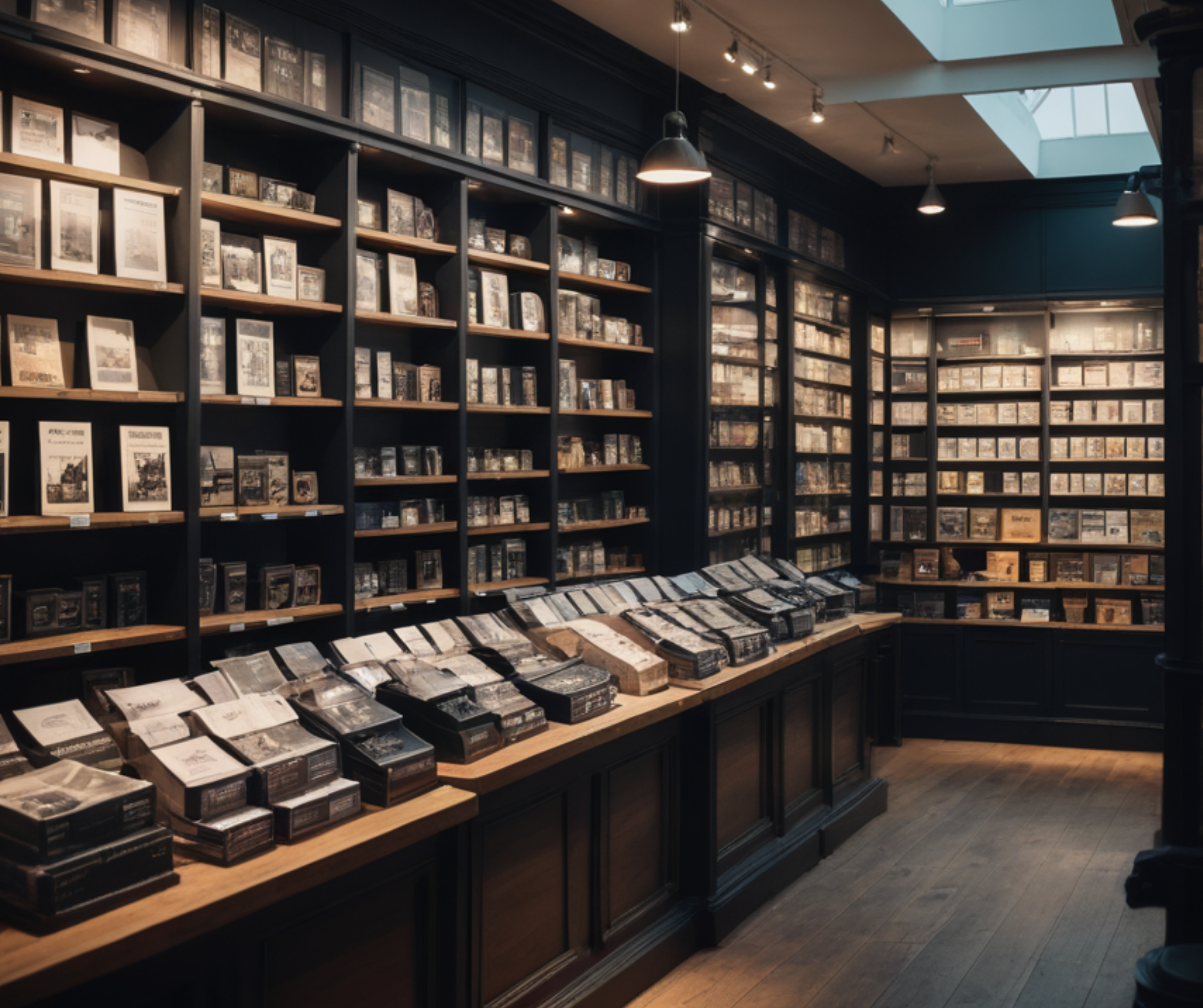 Interior of a pop-up store with shelves full of vintage books.