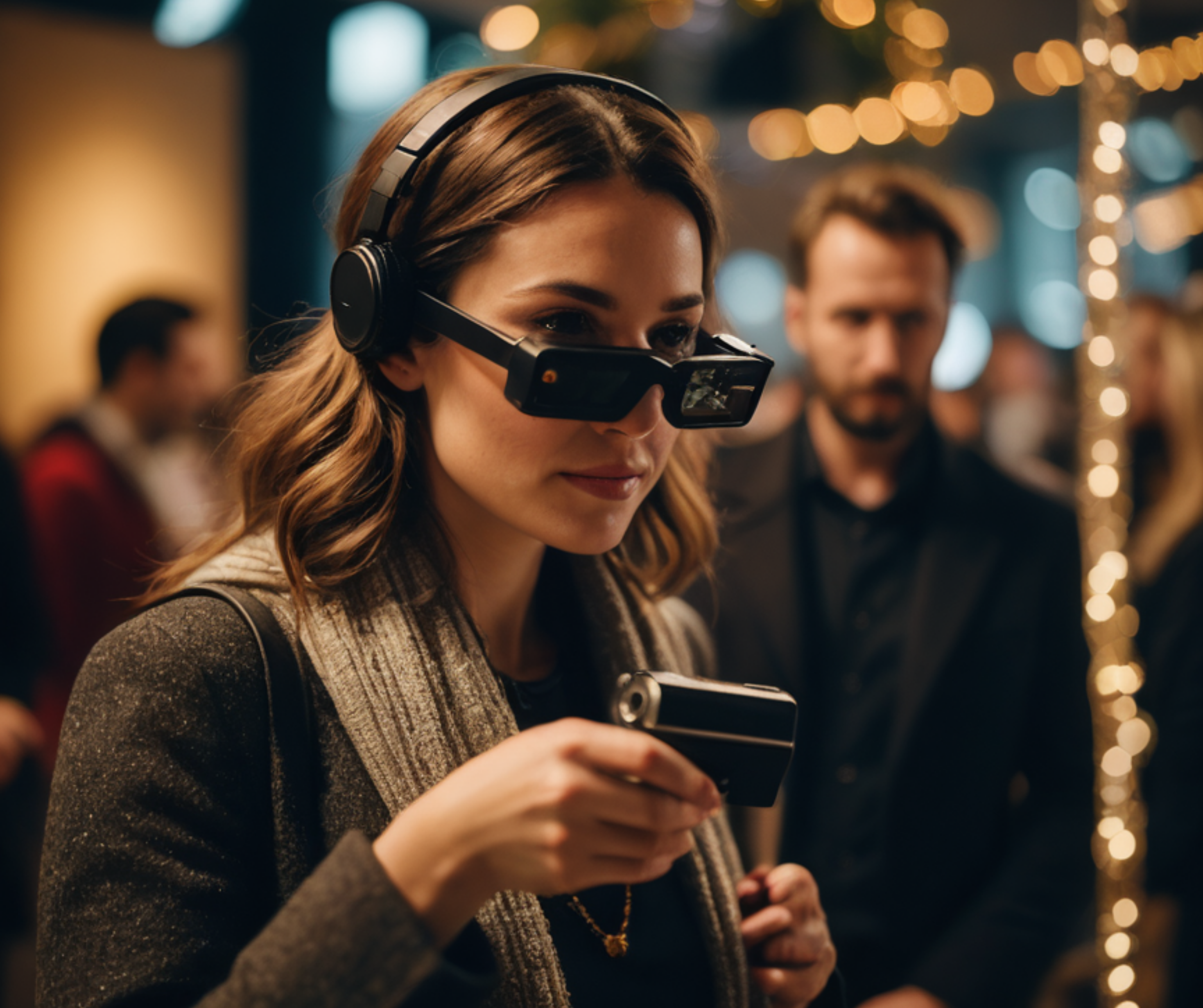 A woman using augmented reality to try on virtual holiday accessories, including a Santa hat and festive glasses.