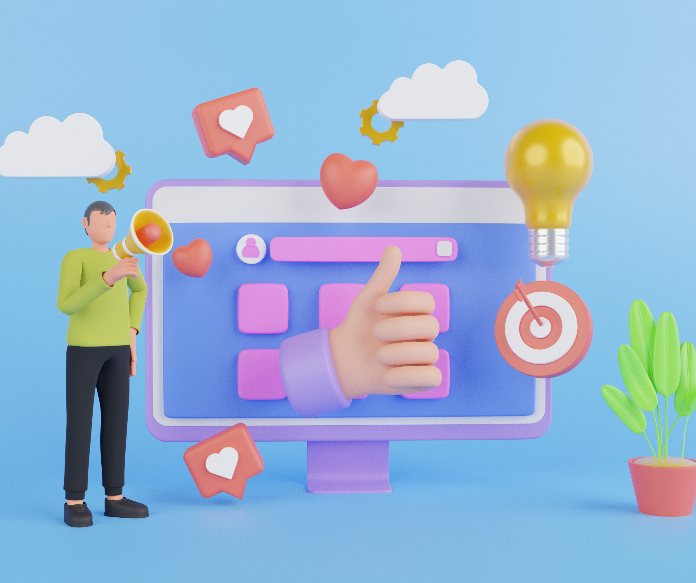 3D illustration of social media engagement with a person holding a megaphone, a thumbs-up icon, a target with an arrow, a lightbulb, and various social media icons on a computer screen.