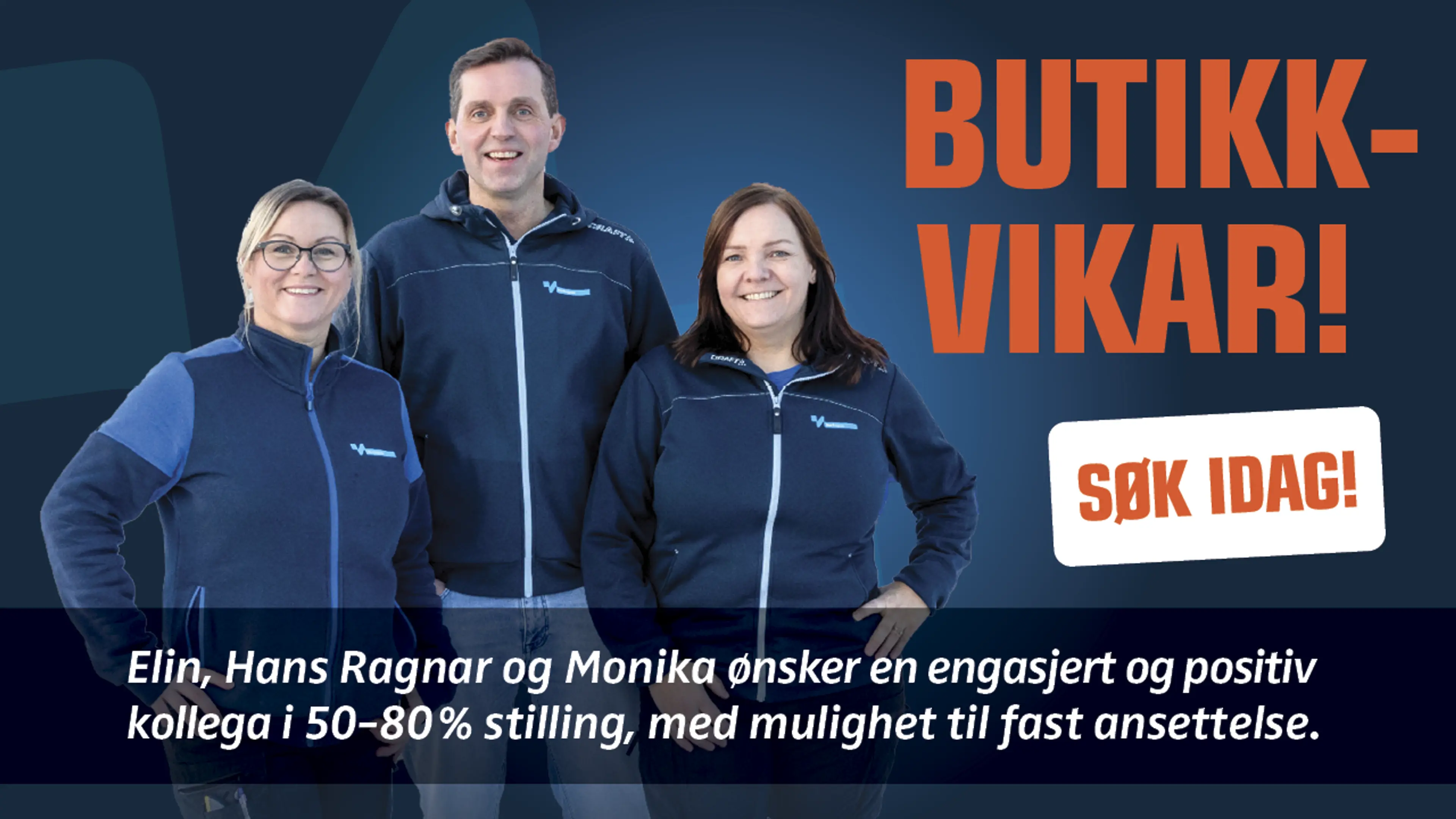 Bildet viser Elin, Hans Ragnar og Monika som ønsker seg en ny kollega i 50-80% stilling