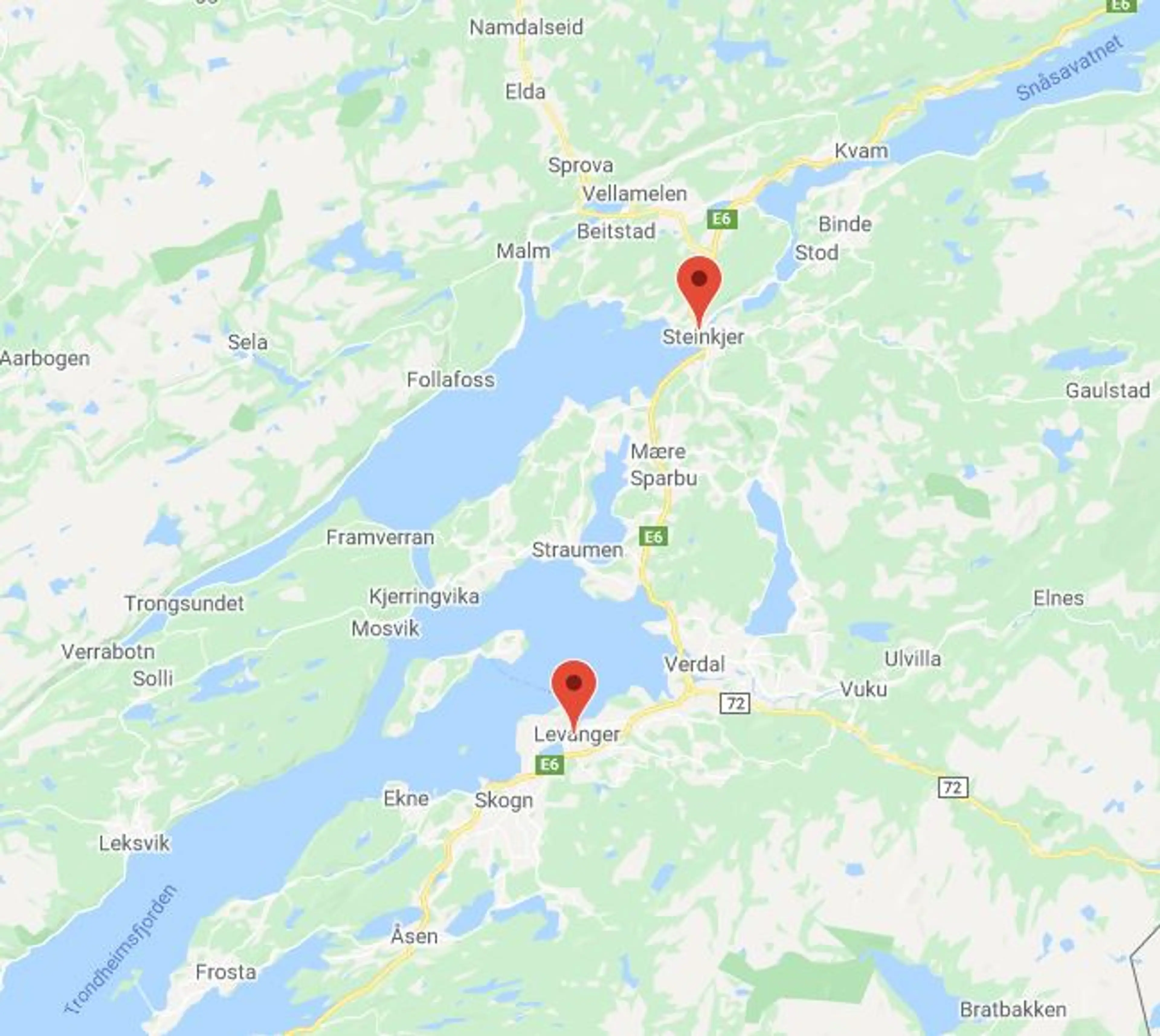 Kart over helsebutikk Levanger og Steinkjer