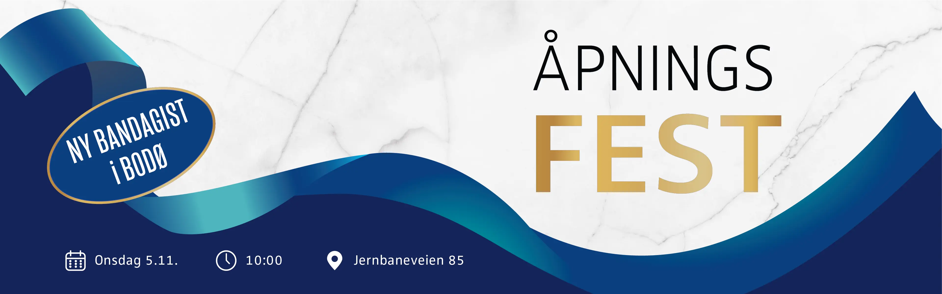 Banner med ordene "ny bandagist i Bodø" og "åpningsfest onsdag 5.11. 10:00 i Jernbaneveien 85
