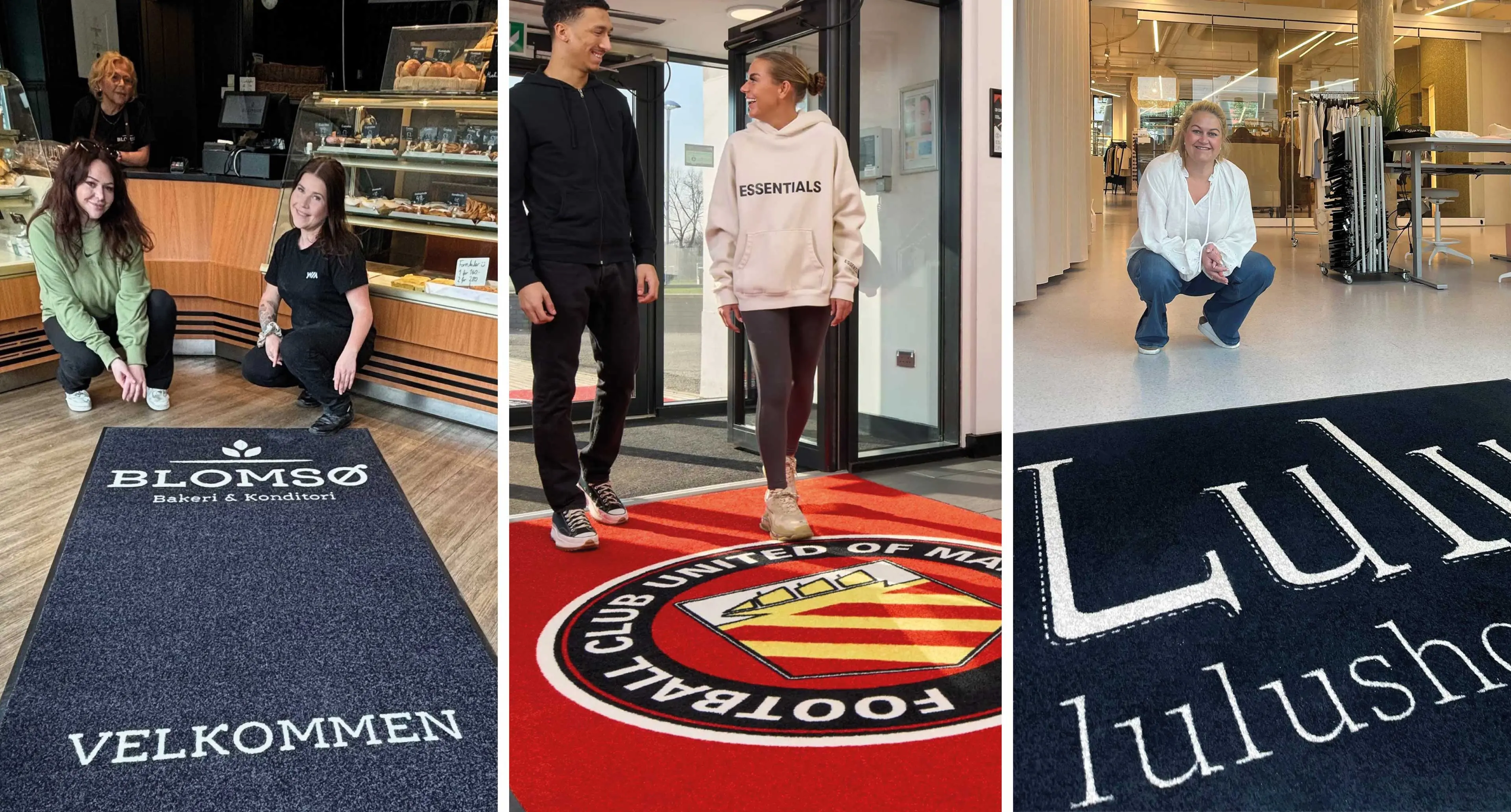Tre eksempler på inngangsmatter med logo-trykk