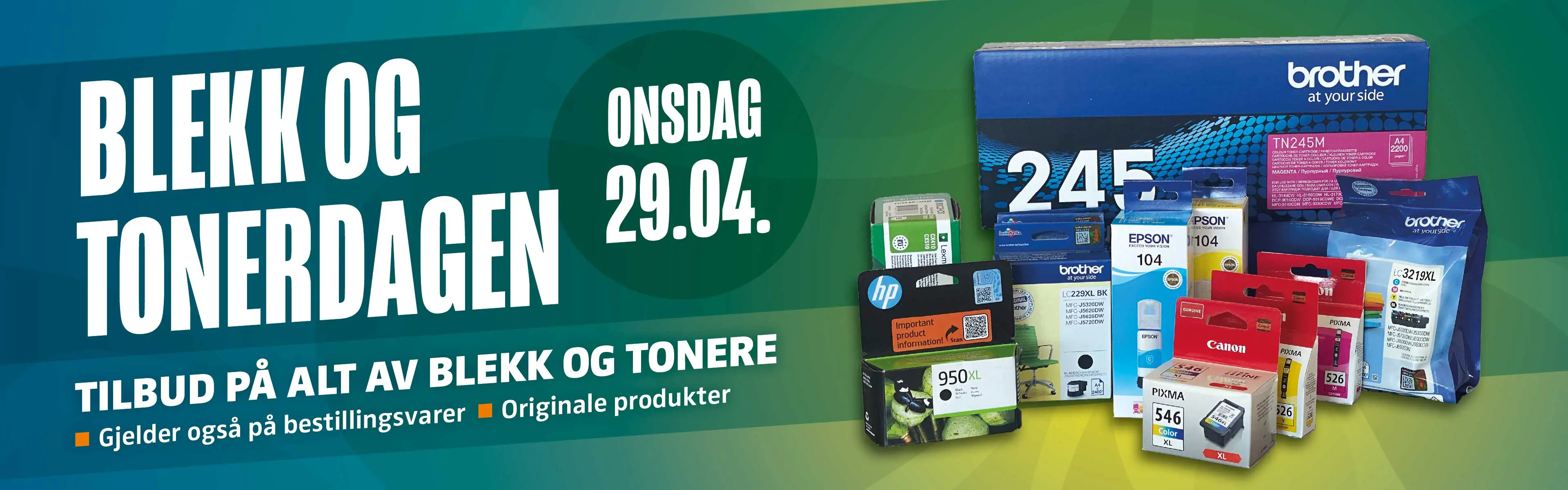 Bilden viser et utvalg av blekk- og tonerprodukter