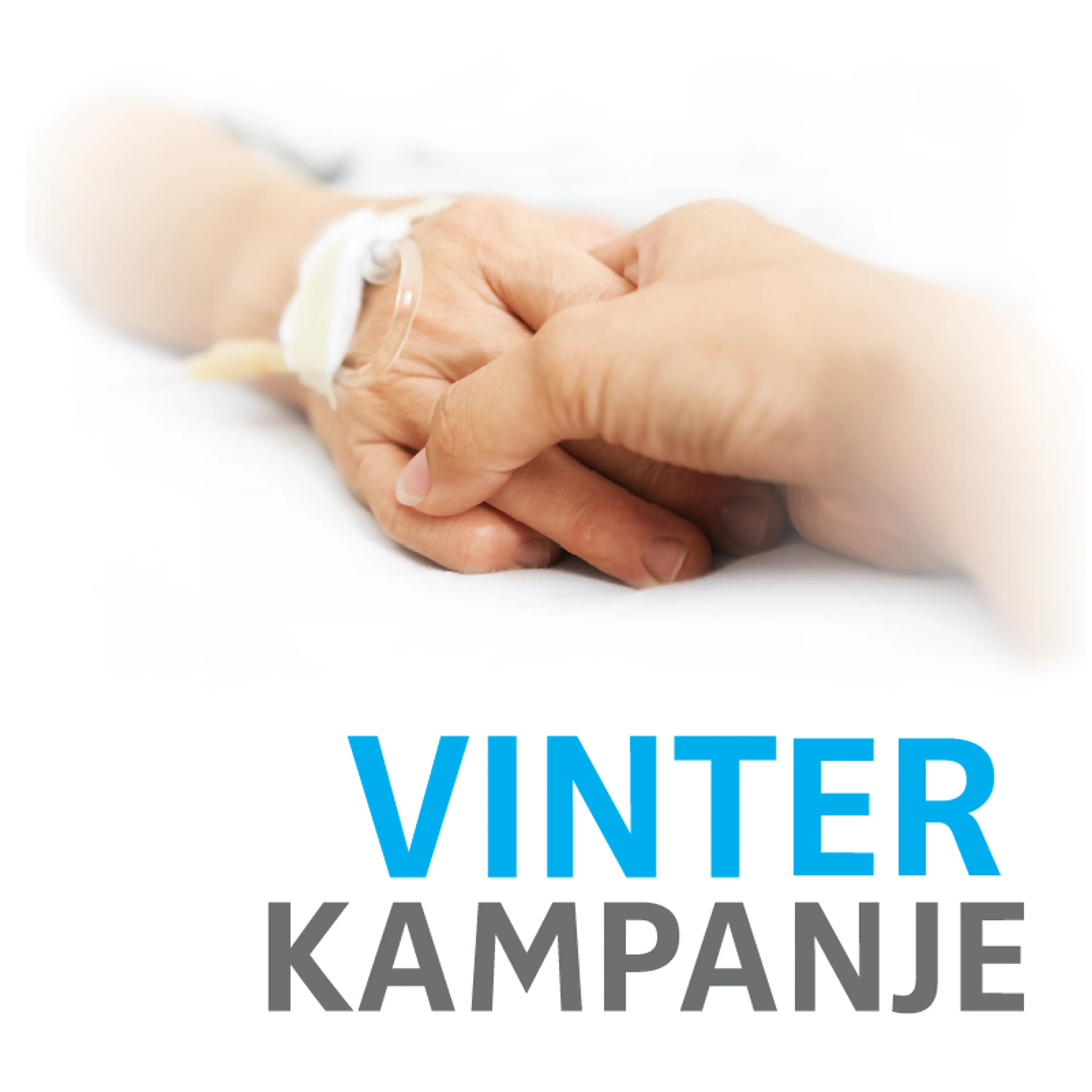 Ordet "vinterkampanje" på hvit bakgrunn med en ung hånd som holder en eldre hånd over.