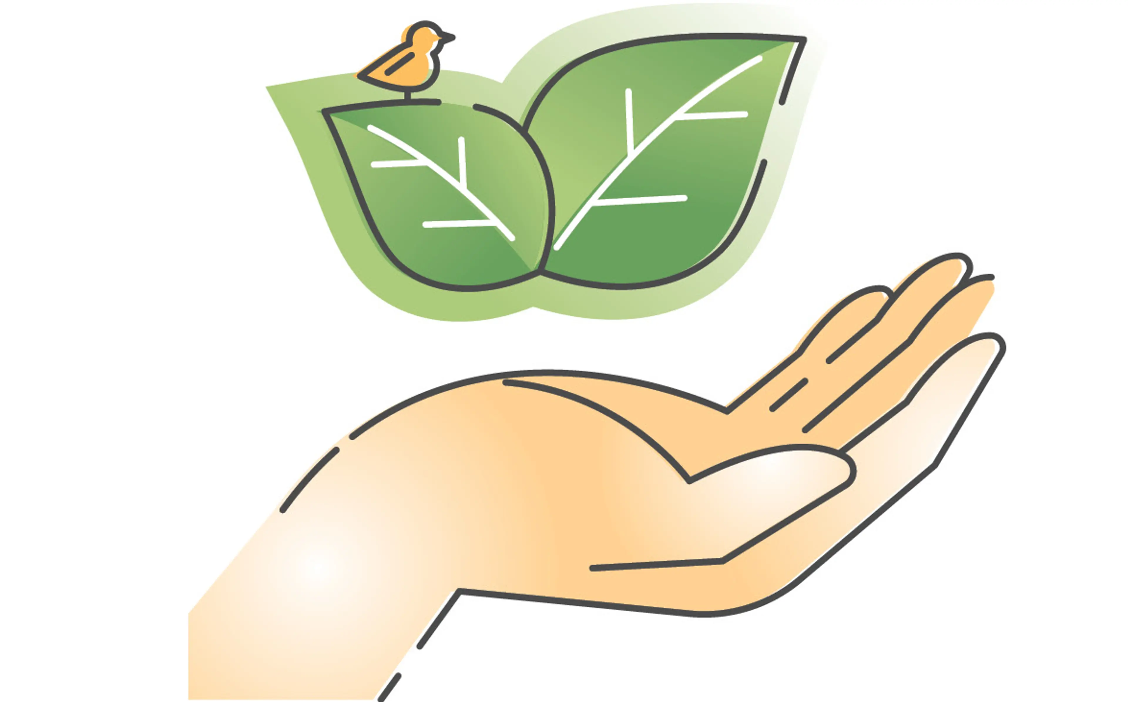 Illustrasjon avblader med fugl som svever over åpen hånd
