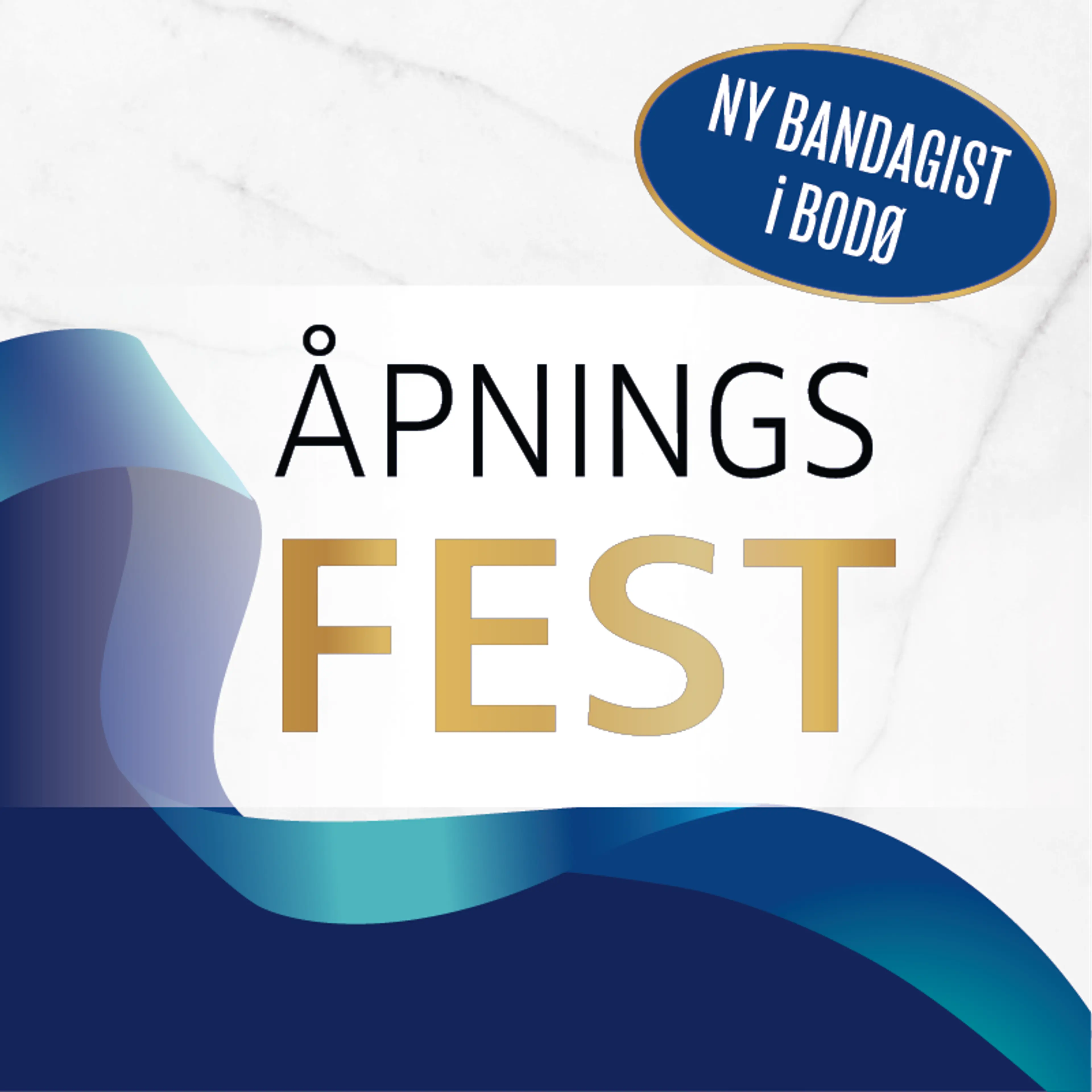 Banner med ordene "ny bandagist i Bodø" og "åpningsfest onsdag 5.11. 10:00 i Jernbaneveien 85