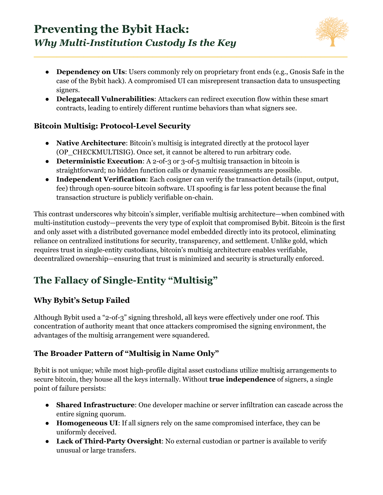 Page 2: Ethereum multisig compared with bitcoin's protocol-level multisig, and why Bybit's single-entity multisig setup failed.